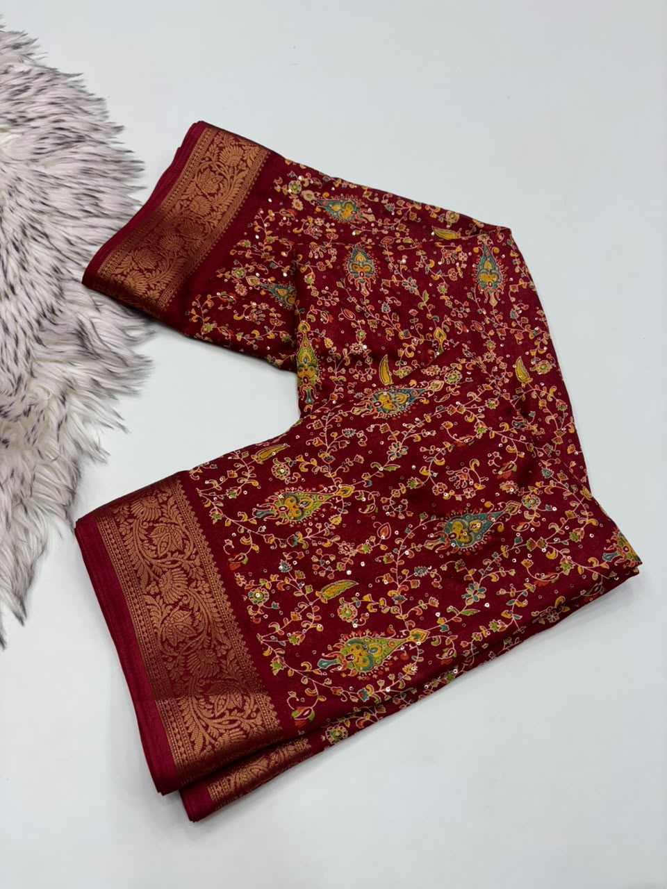 Scrupulous Party Wear Soft Dola Silk Print Design Sequence Work Jacquard Border Fancy Saree With Blouse Piece