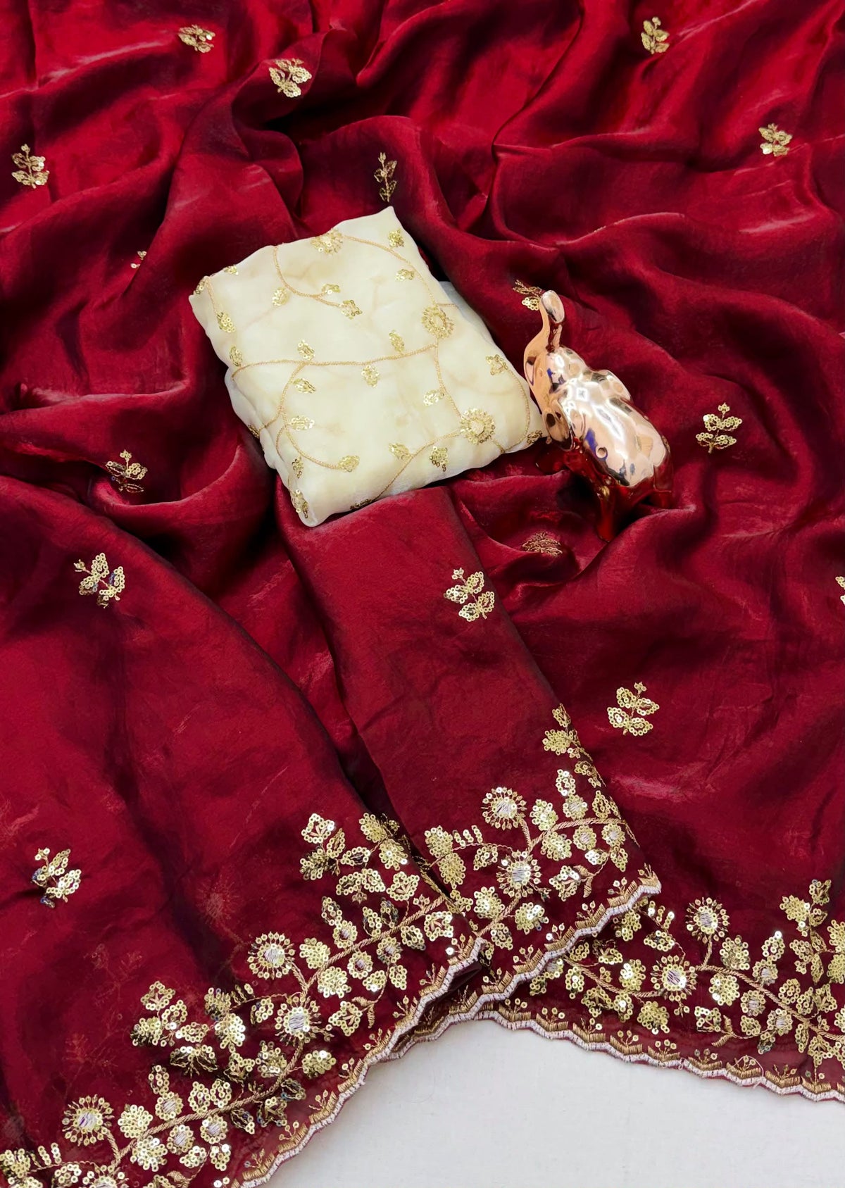 Heritage Wedding Wear Silk Embroidery n Sequence Work Fancy Saree With Contrast Blouse Piece