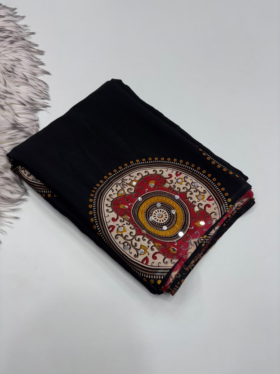 Charming Party Wear Satin Silk Ajrak Print Mirror Work Designer Saree With Blouse Piece