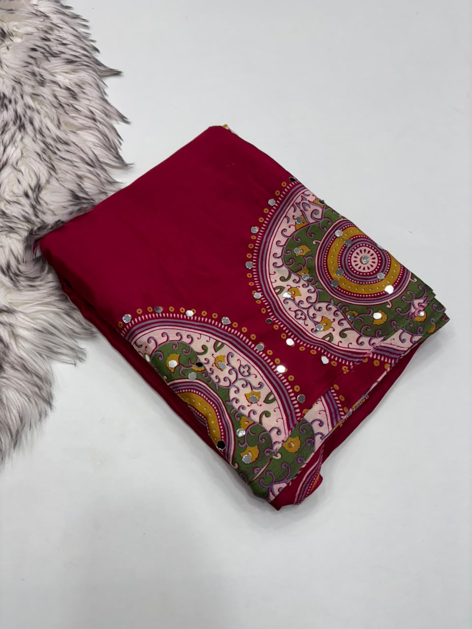 Charming Party Wear Satin Silk Ajrak Print Mirror Work Designer Saree With Blouse Piece
