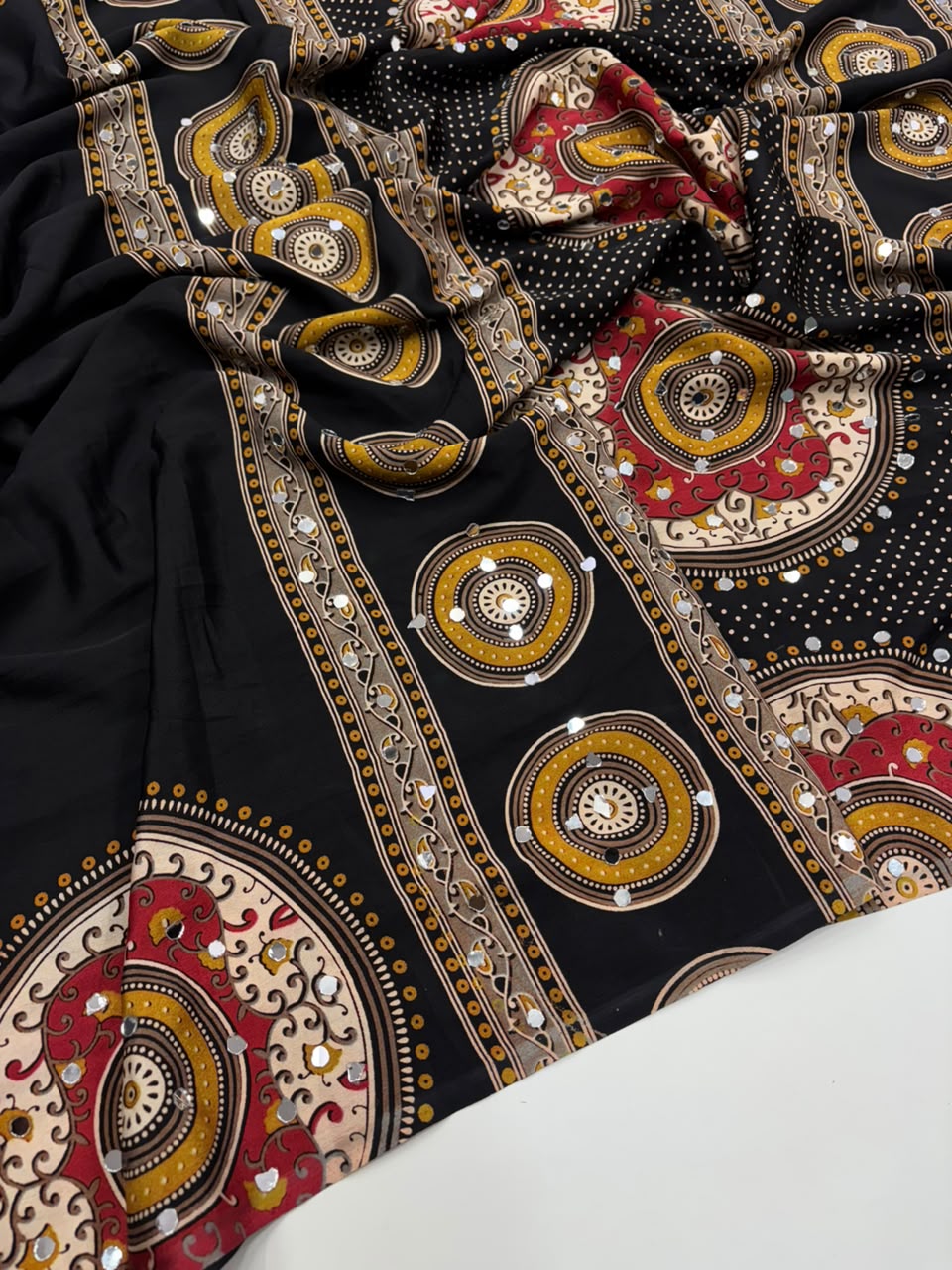 Charming Party Wear Satin Silk Ajrak Print Mirror Work Designer Saree With Blouse Piece