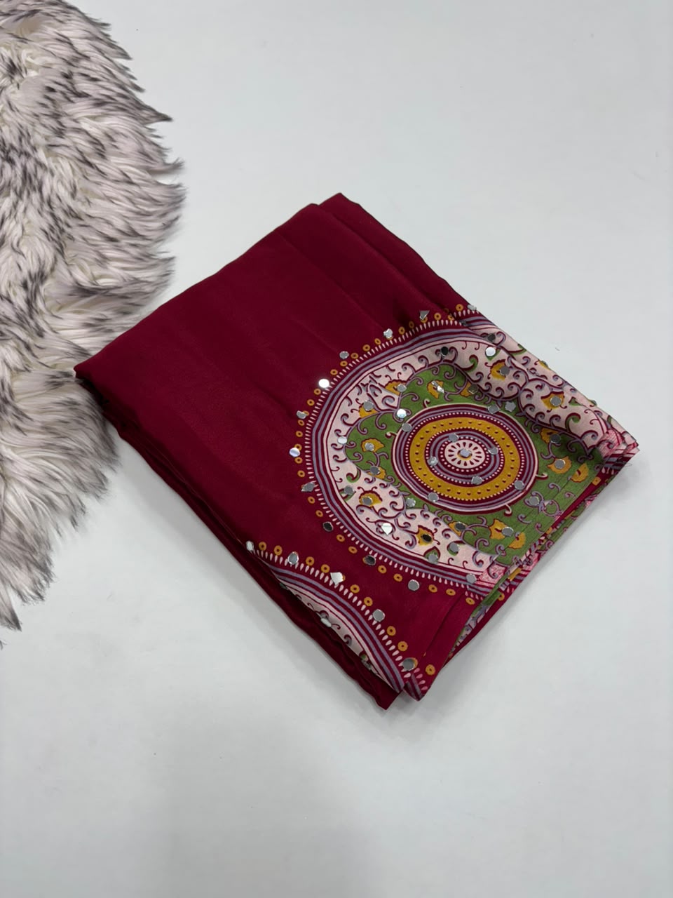 Charming Party Wear Satin Silk Ajrak Print Mirror Work Designer Saree With Blouse Piece