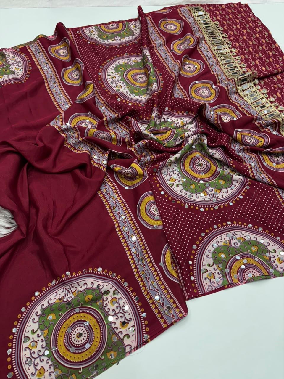 Charming Party Wear Satin Silk Ajrak Print Mirror Work Designer Saree With Blouse Piece