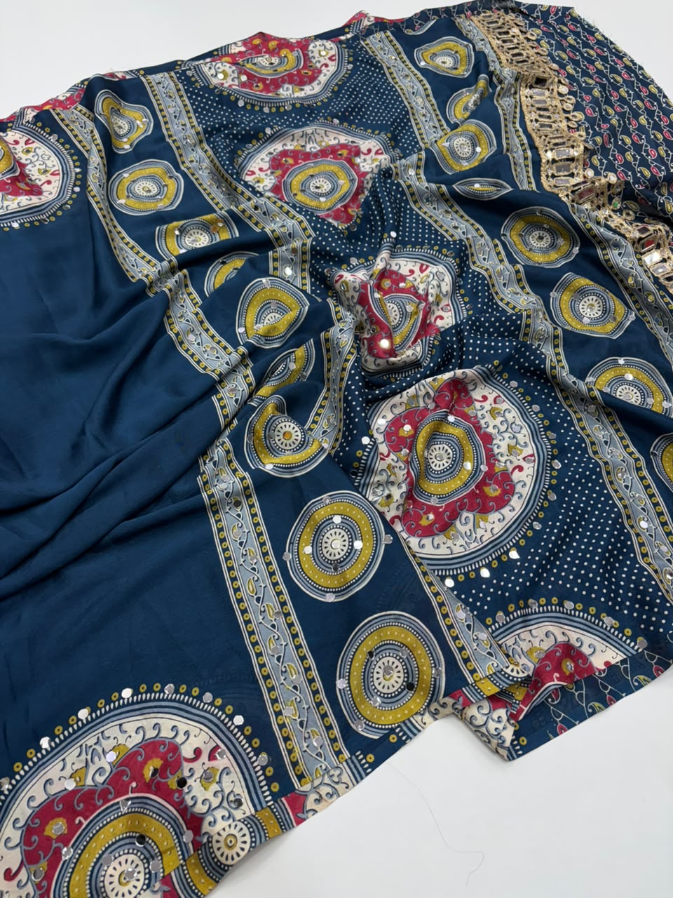 Charming Party Wear Satin Silk Ajrak Print Mirror Work Designer Saree With Blouse Piece