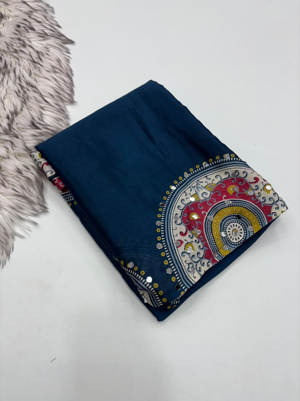 Charming Party Wear Satin Silk Ajrak Print Mirror Work Designer Saree With Blouse Piece