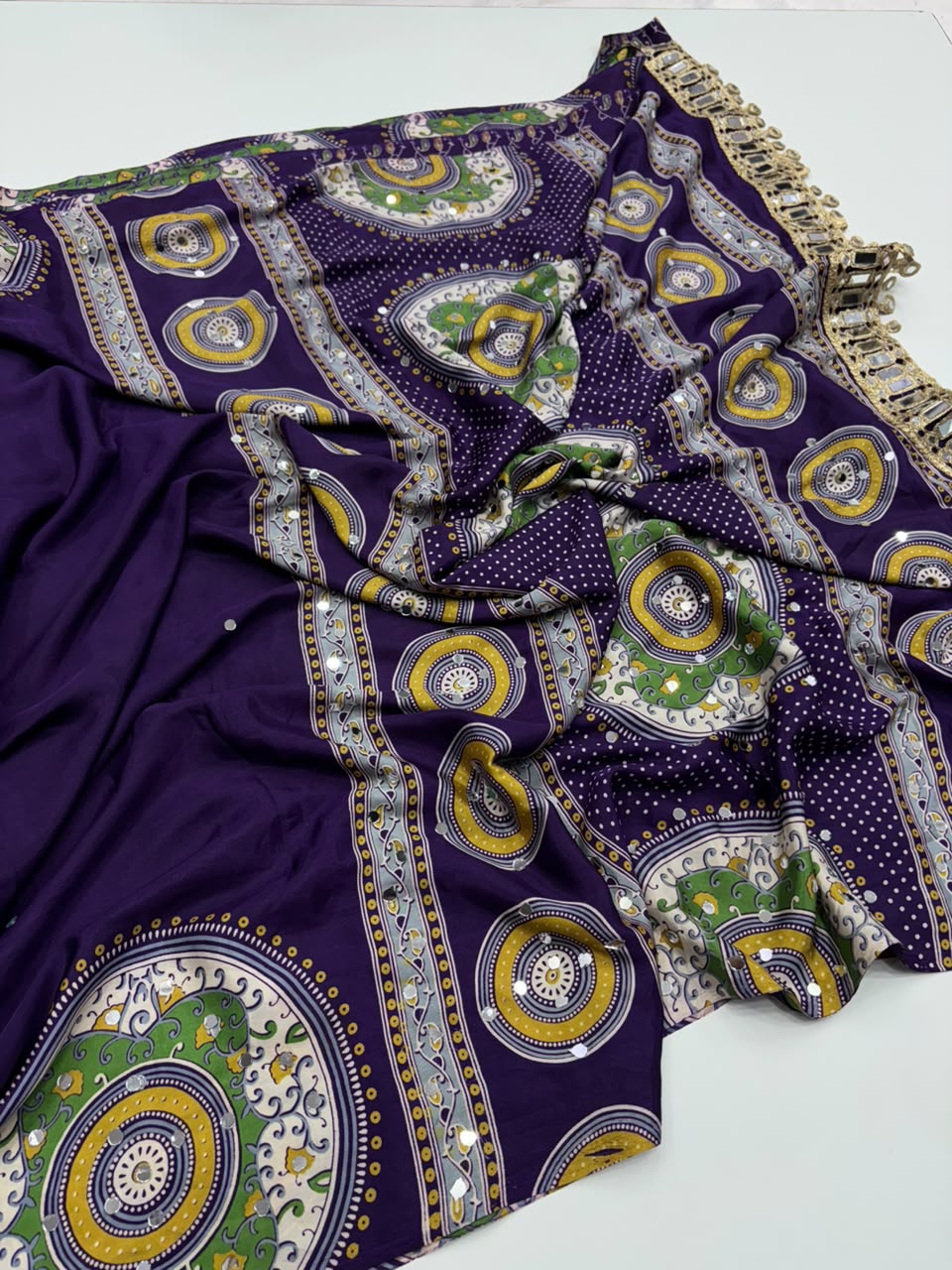 Charming Party Wear Satin Silk Ajrak Print Mirror Work Designer Saree With Blouse Piece