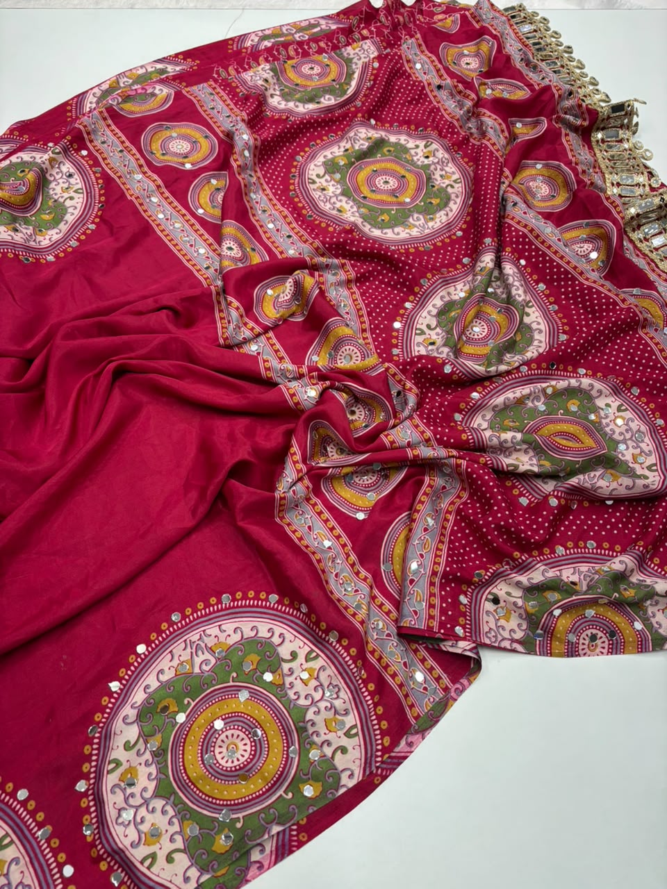 Charming Party Wear Satin Silk Ajrak Print Mirror Work Designer Saree With Blouse Piece