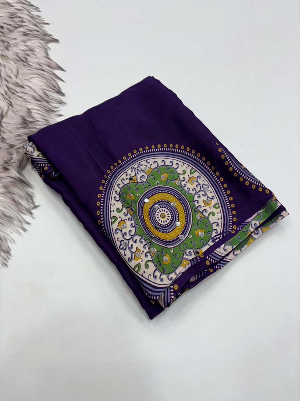Charming Party Wear Satin Silk Ajrak Print Mirror Work Designer Saree With Blouse Piece