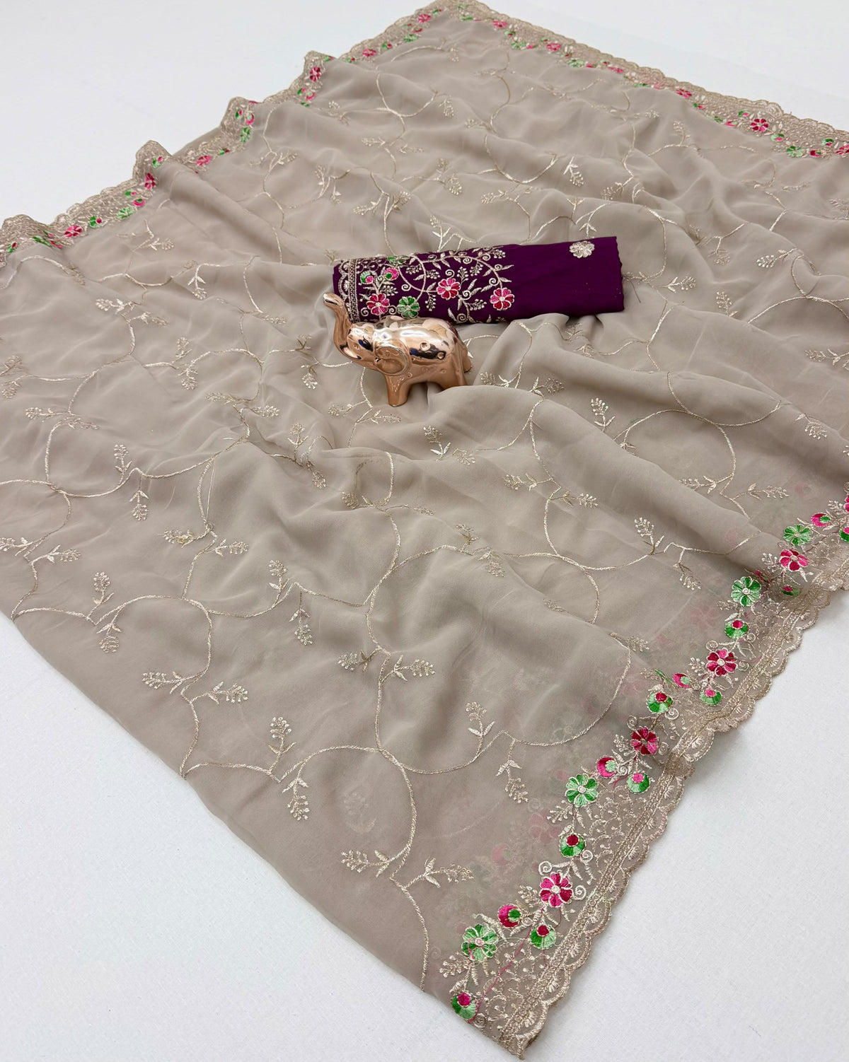 Artistic Festive Wear Georgette Thread Embroidery n Cut Work Designer Saree With Contrast Blouse Piece