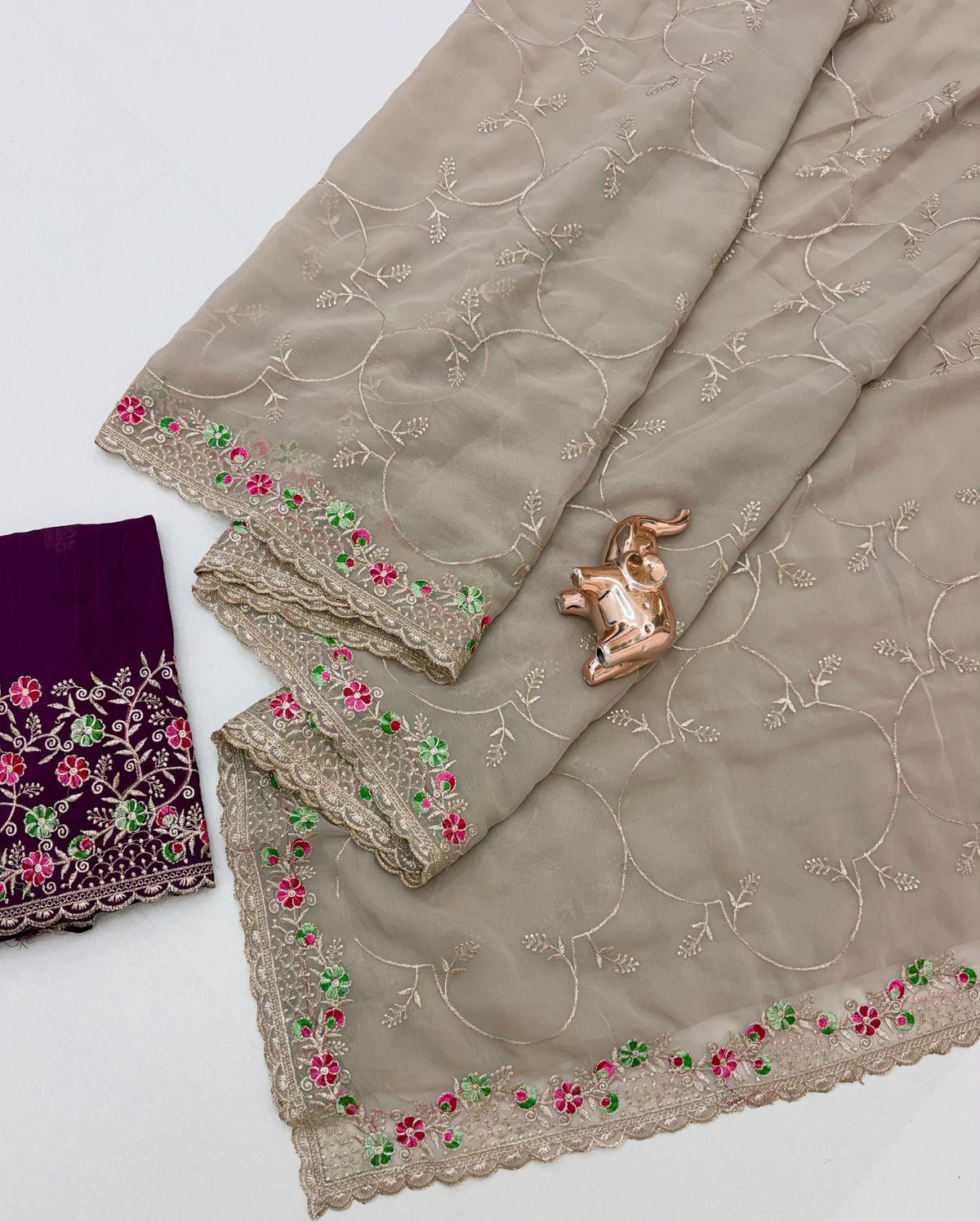 Artistic Festive Wear Georgette Thread Embroidery n Cut Work Designer Saree With Contrast Blouse Piece