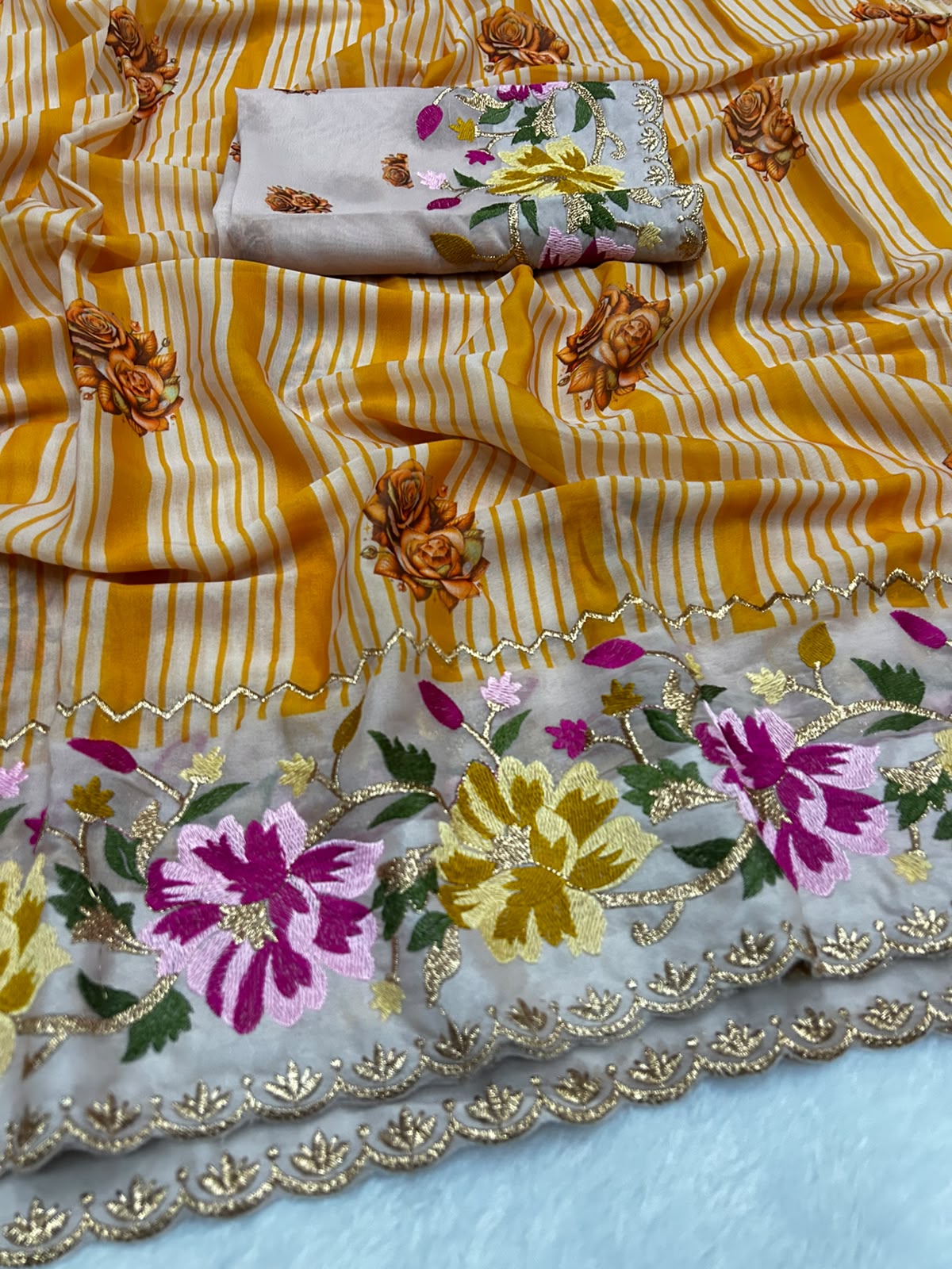 Glossy Party Wear Georgette Embroidery Work Designer Saree With Blouse Piece