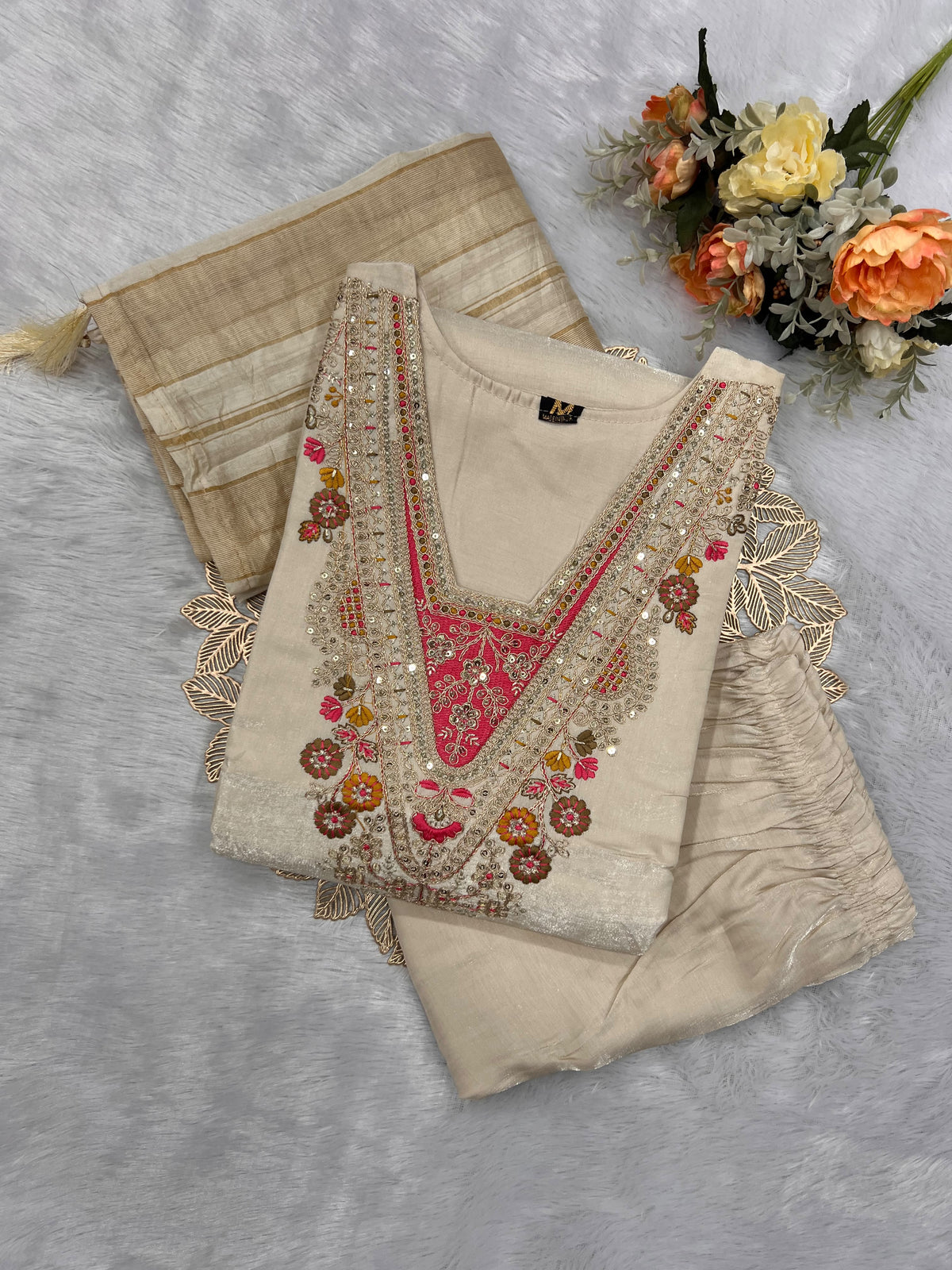 Splendorous Festive Wear Roman Silk Embroidery n Sequence Work Designer Straight Kurta With Trouser n Dupatta Set