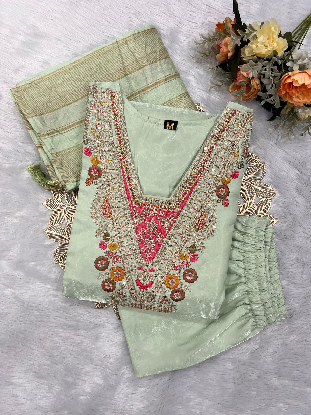 Splendorous Festive Wear Roman Silk Embroidery n Sequence Work Designer Straight Kurta With Trouser n Dupatta Set