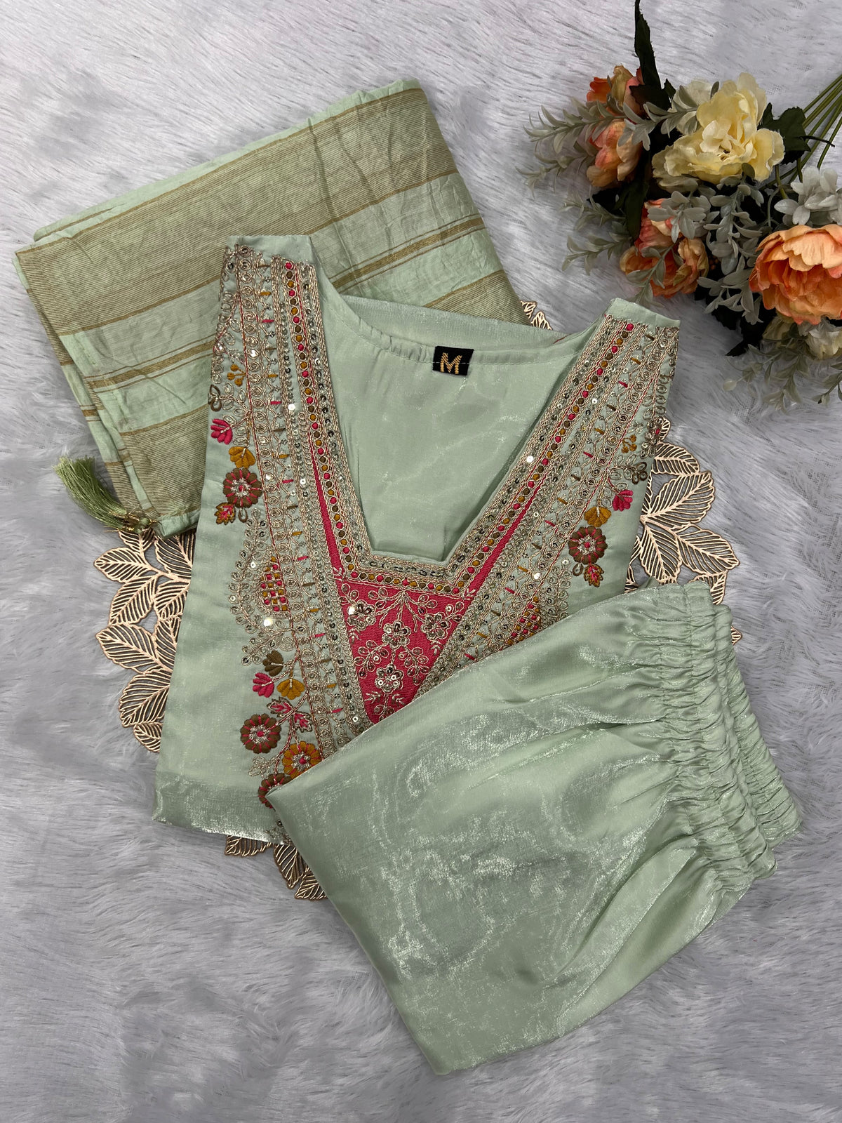 Splendorous Festive Wear Roman Silk Embroidery n Sequence Work Designer Straight Kurta With Trouser n Dupatta Set