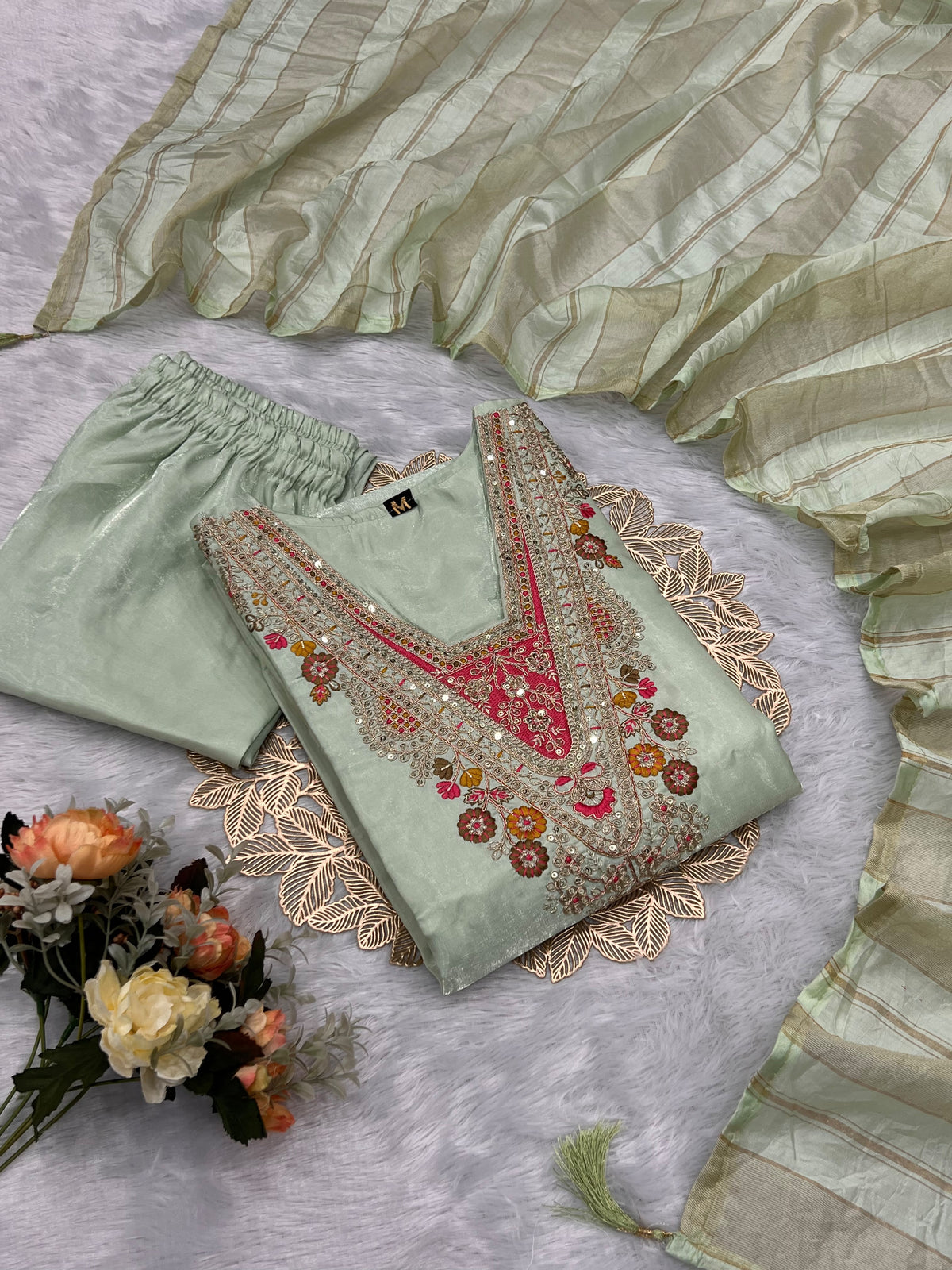 Splendorous Festive Wear Roman Silk Embroidery n Sequence Work Designer Straight Kurta With Trouser n Dupatta Set