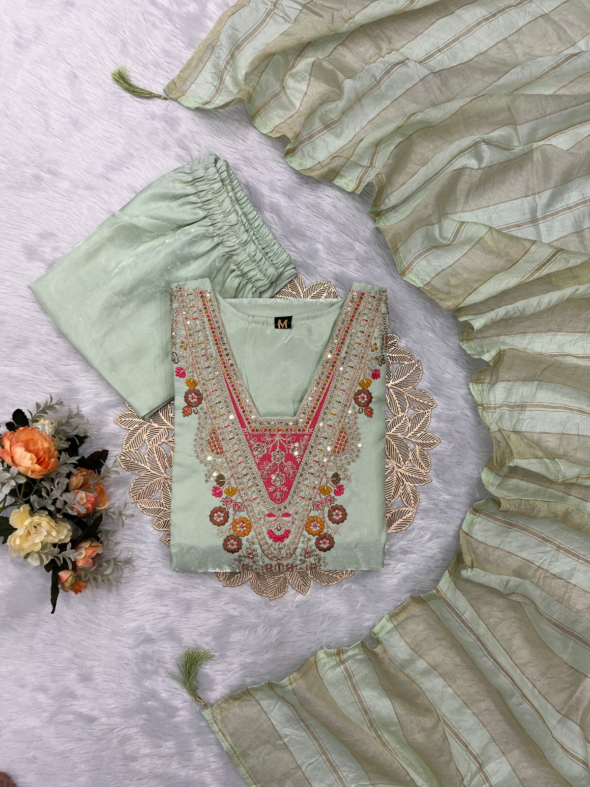 Splendorous Festive Wear Roman Silk Embroidery n Sequence Work Designer Straight Kurta With Trouser n Dupatta Set