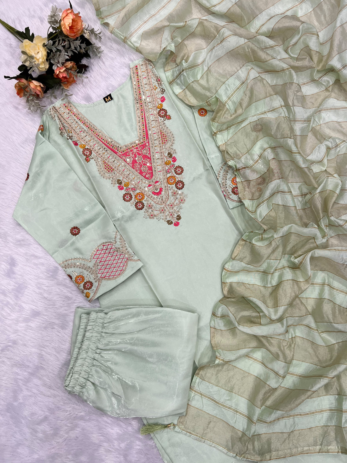 Splendorous Festive Wear Roman Silk Embroidery n Sequence Work Designer Straight Kurta With Trouser n Dupatta Set