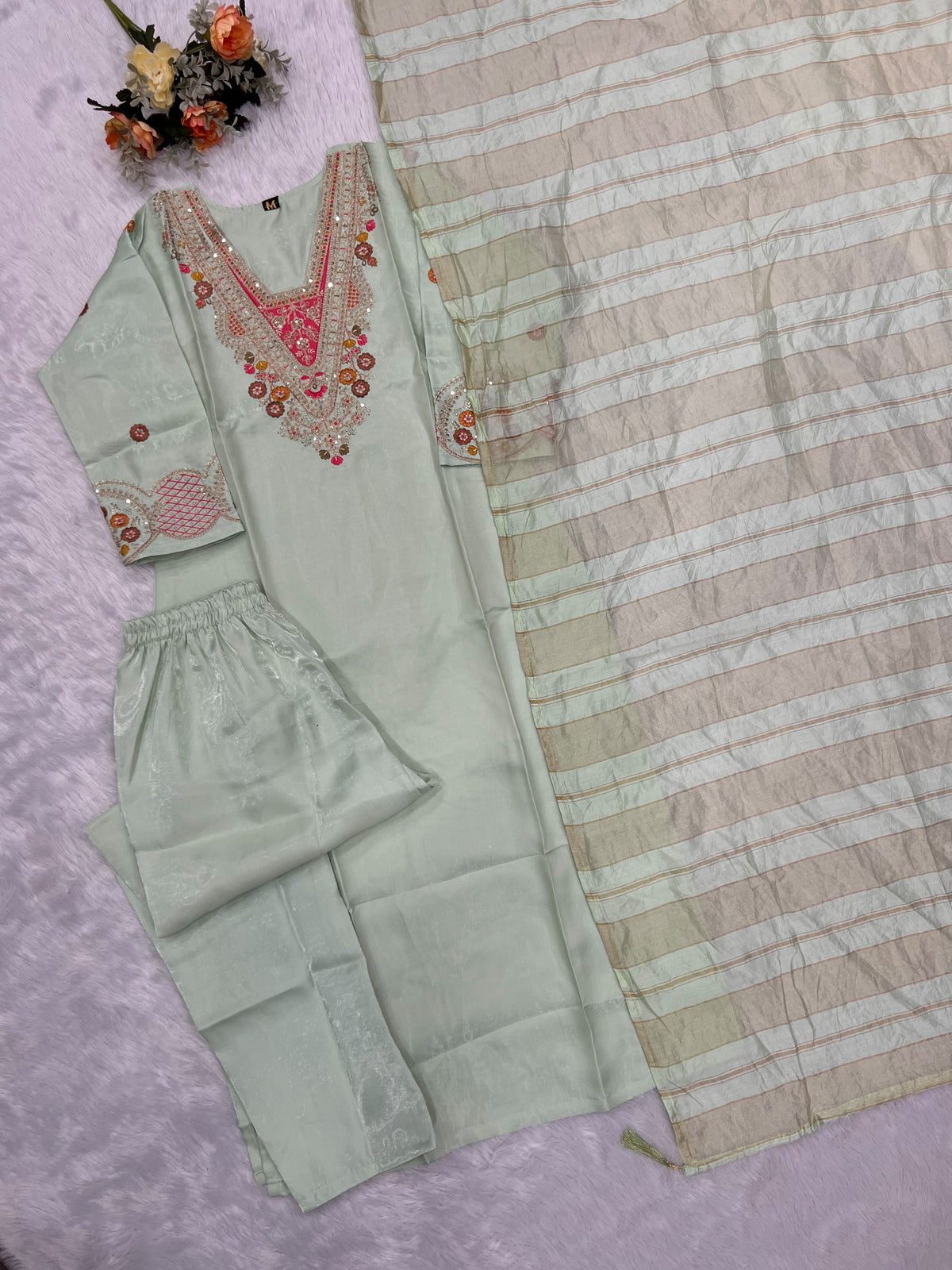 Splendorous Festive Wear Roman Silk Embroidery n Sequence Work Designer Straight Kurta With Trouser n Dupatta Set