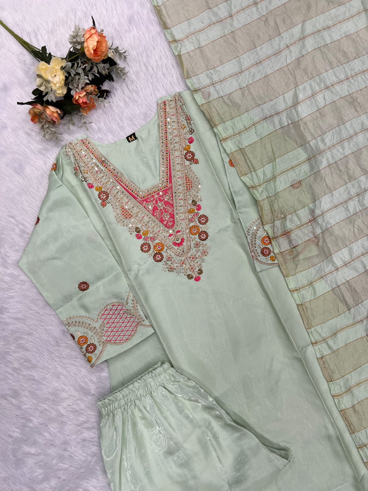 Splendorous Festive Wear Roman Silk Embroidery n Sequence Work Designer Straight Kurta With Trouser n Dupatta Set