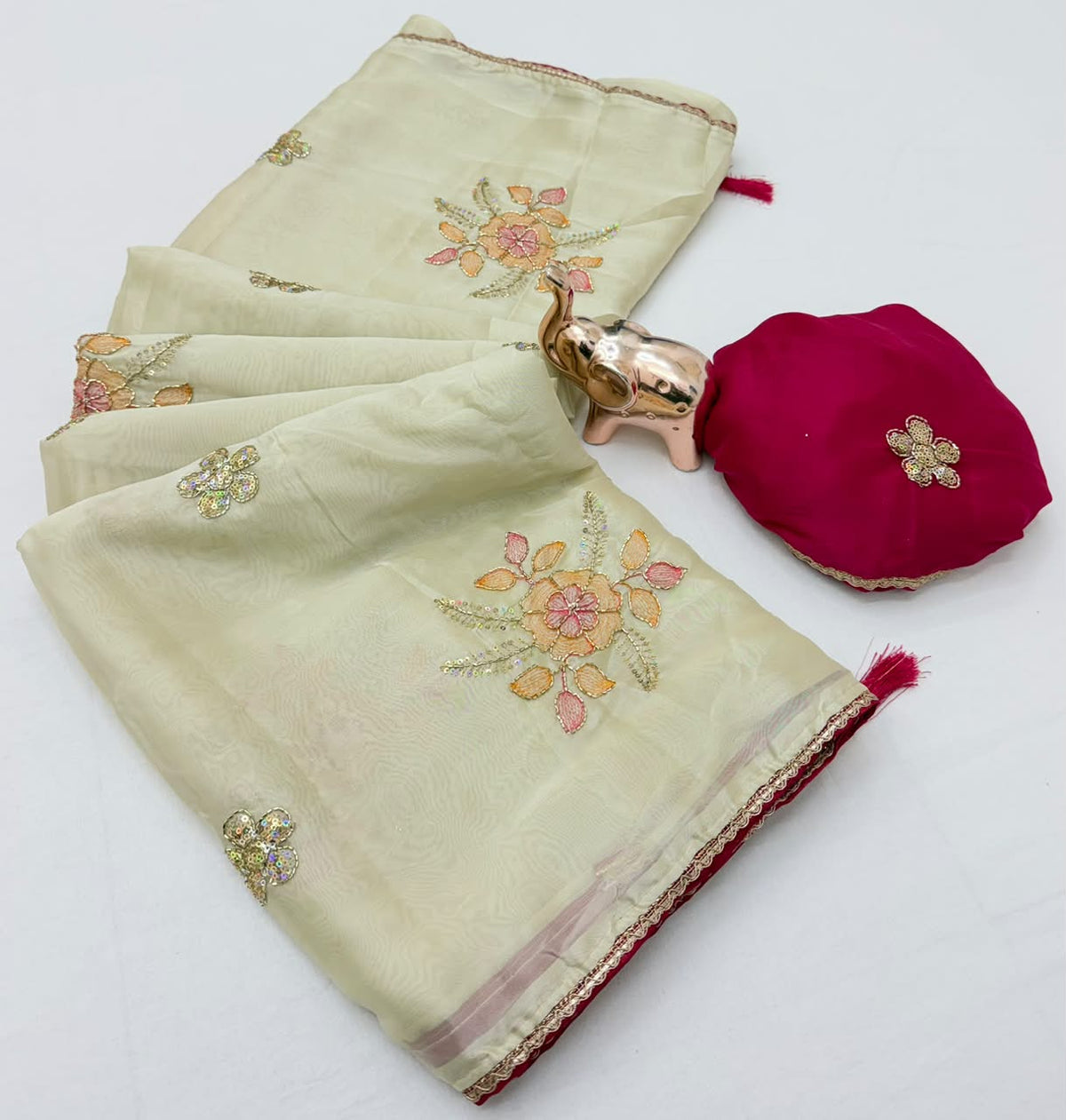 Whimsical Party Wear Rangoli Silk Embroidery n Sequence Work Saree With Contrast Blouse Piece