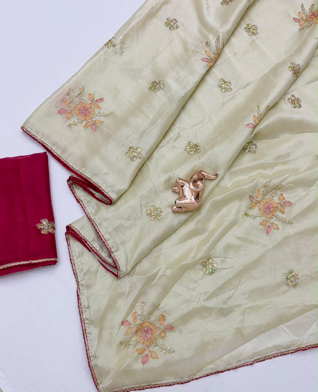 Whimsical Party Wear Rangoli Silk Embroidery n Sequence Work Saree With Contrast Blouse Piece