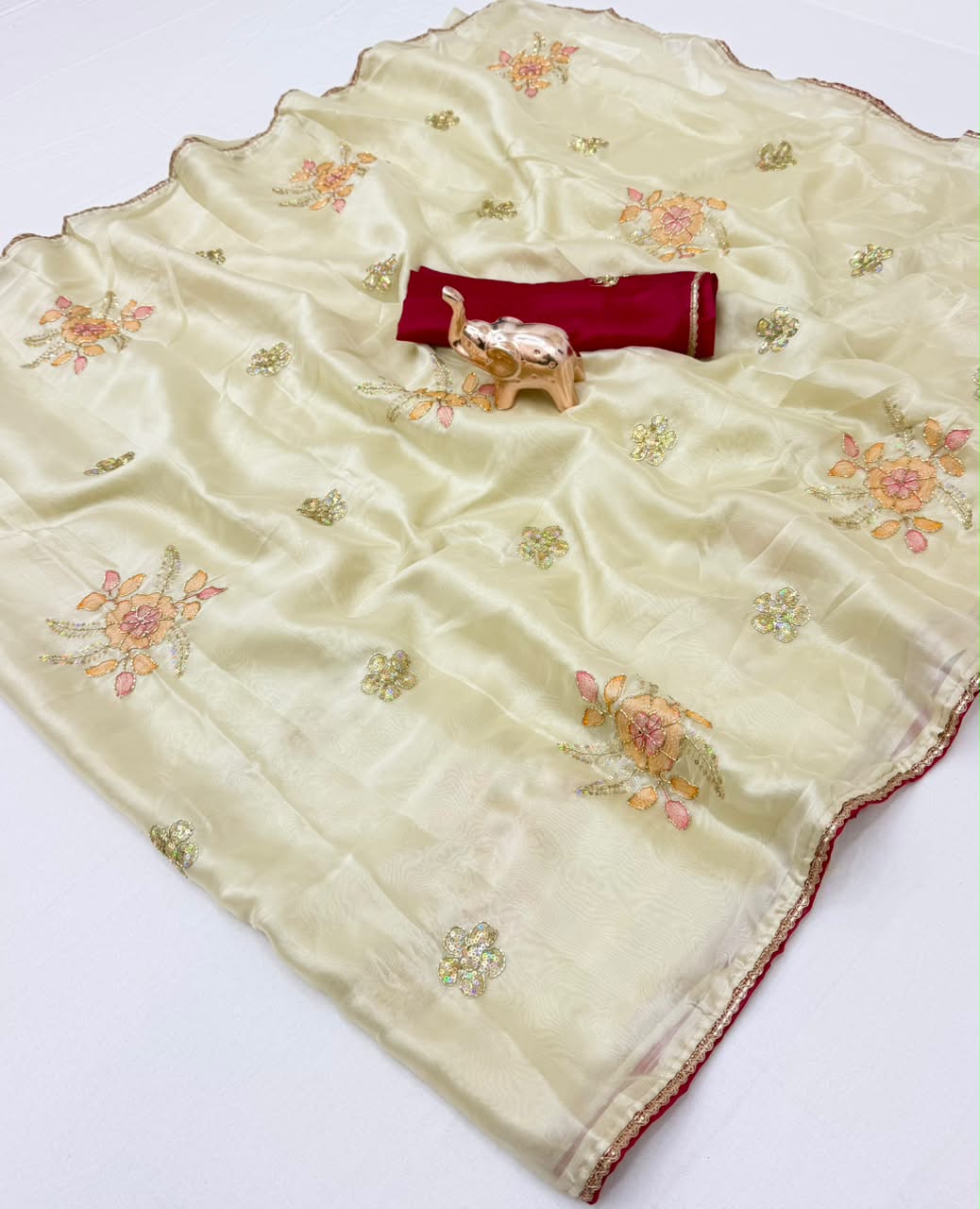 Whimsical Party Wear Rangoli Silk Embroidery n Sequence Work Saree With Contrast Blouse Piece