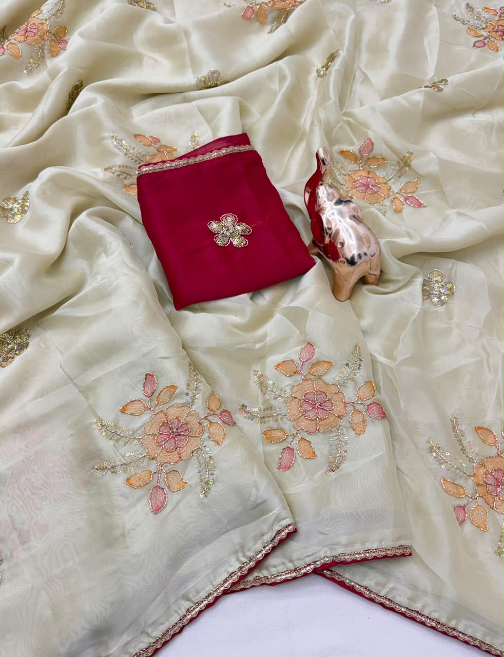 Whimsical Party Wear Rangoli Silk Embroidery n Sequence Work Saree With Contrast Blouse Piece