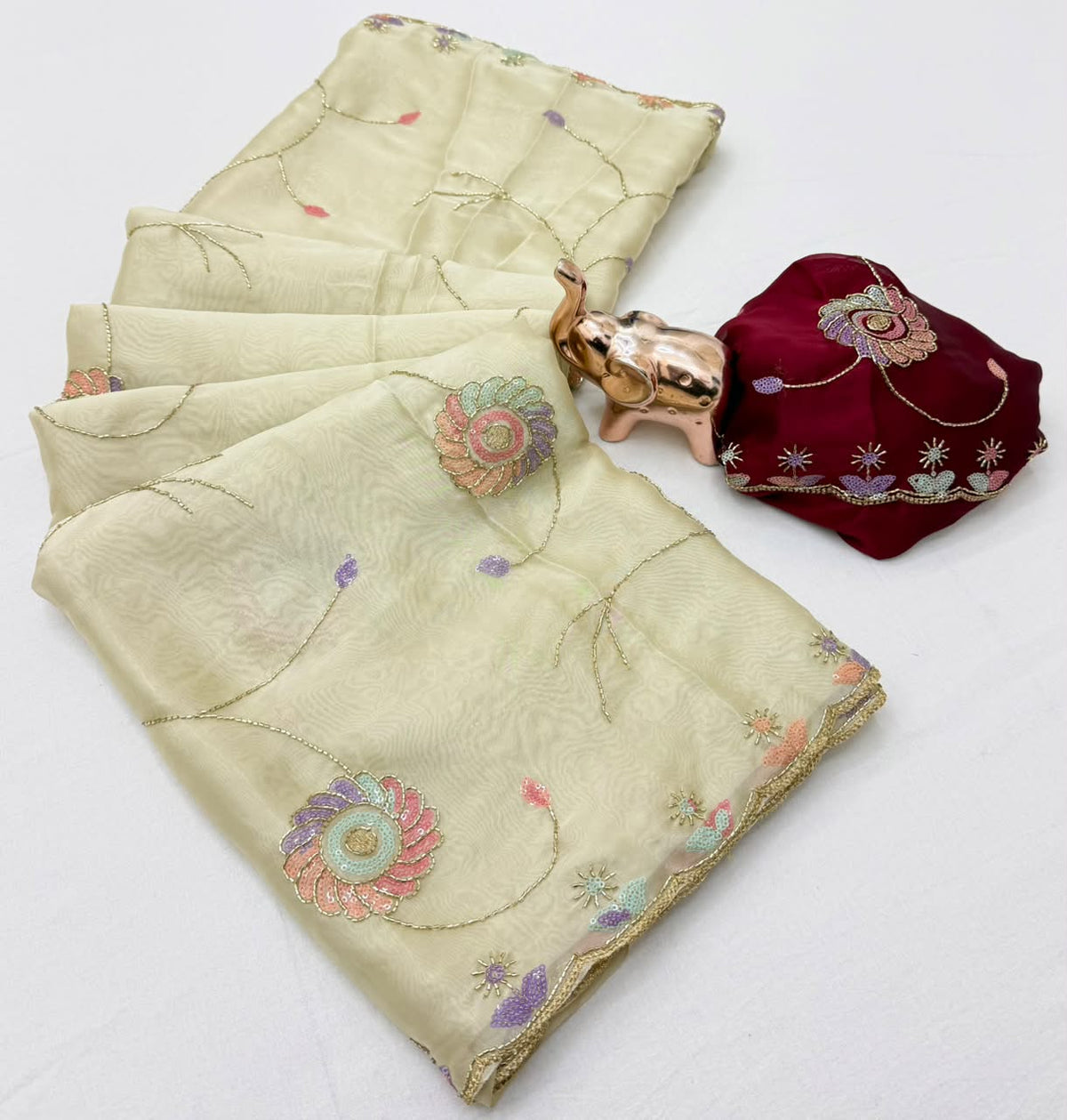 Charming Festive Wear Silk Multi Thread n Beads Work Fancy Designer Saree With Contrast Blouse Piece
