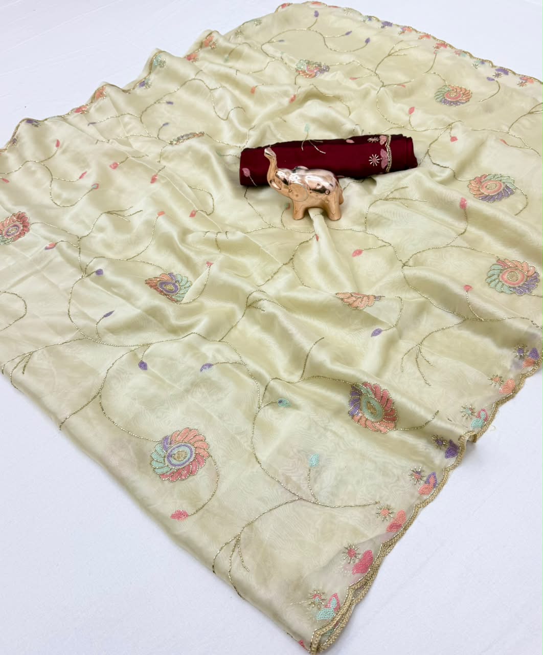 Charming Festive Wear Silk Multi Thread n Beads Work Fancy Designer Saree With Contrast Blouse Piece