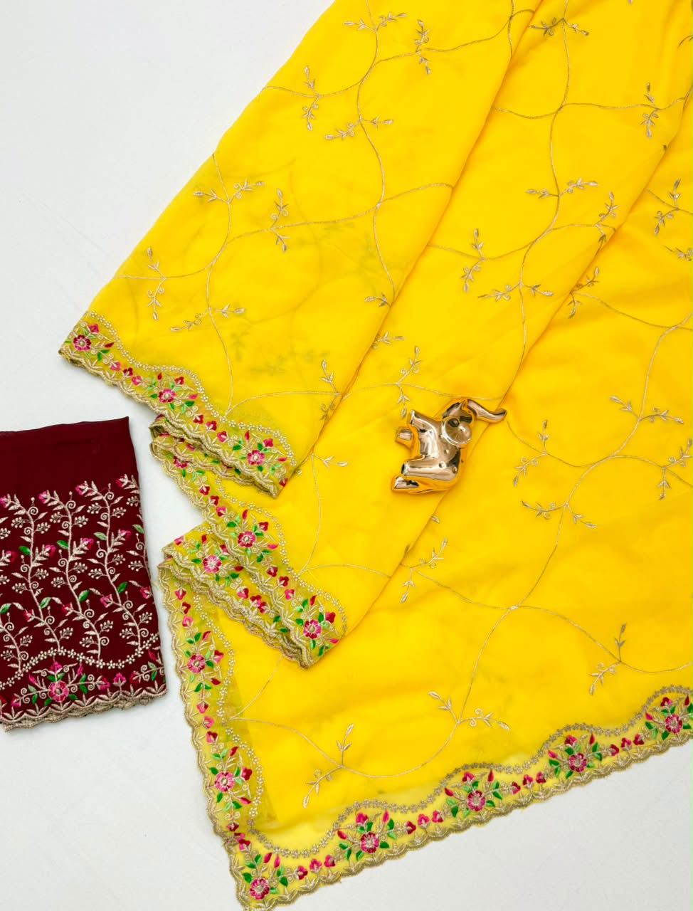 Blossom Wedding Wear Georgette Embroidery Work Designer Saree With Contrast Blouse Piece