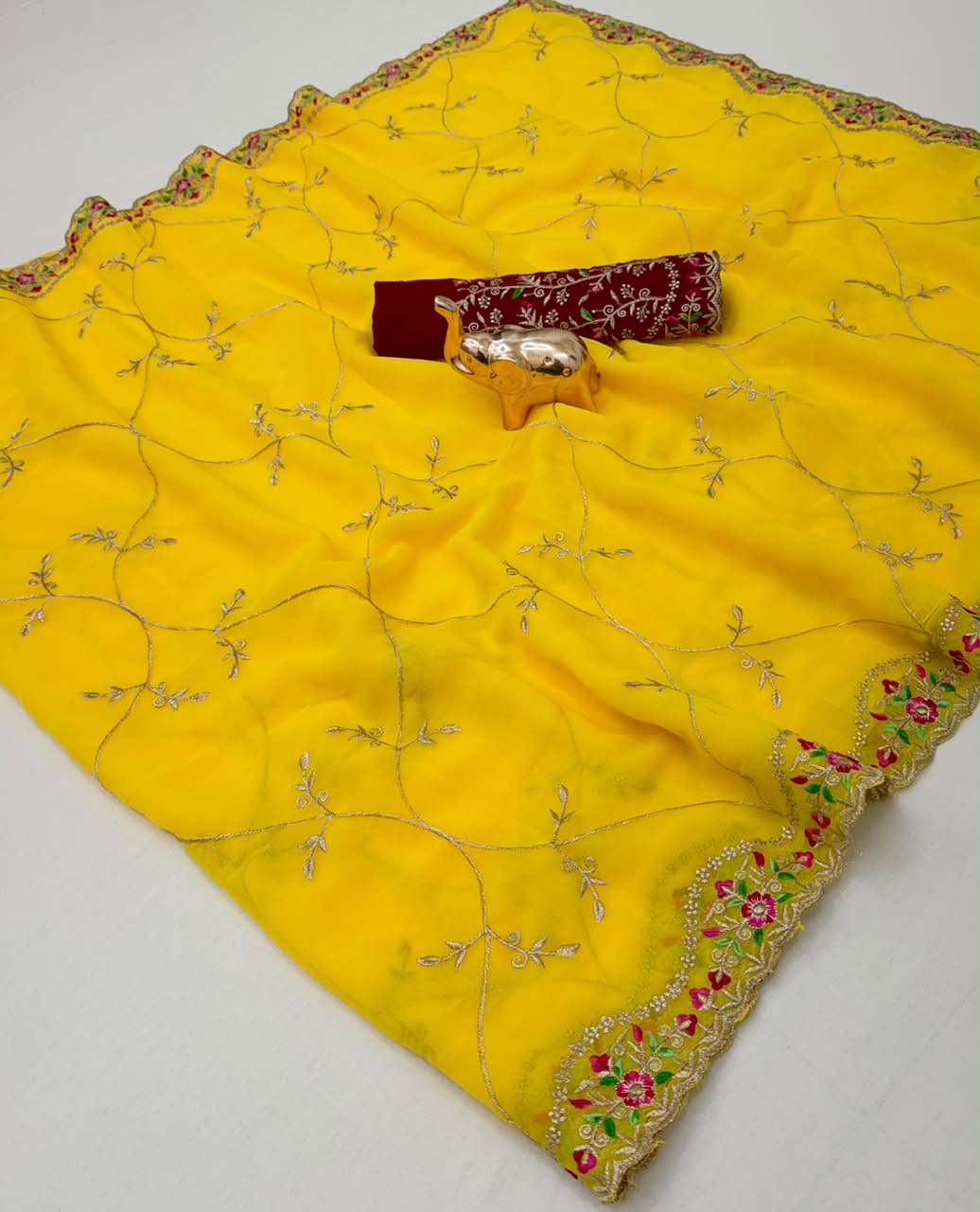 Blossom Wedding Wear Georgette Embroidery Work Designer Saree With Contrast Blouse Piece