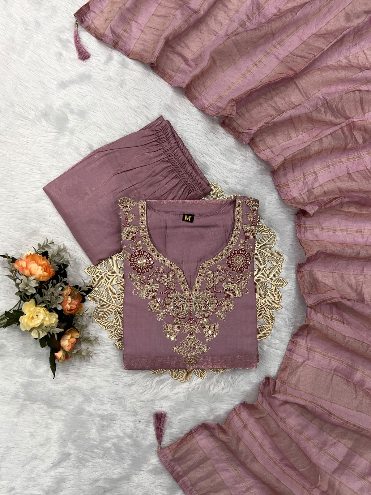New Function Wear Roman Silk Embroidery n Sequence Work Designer Straight Kurta With Trouser n Dupatta Set