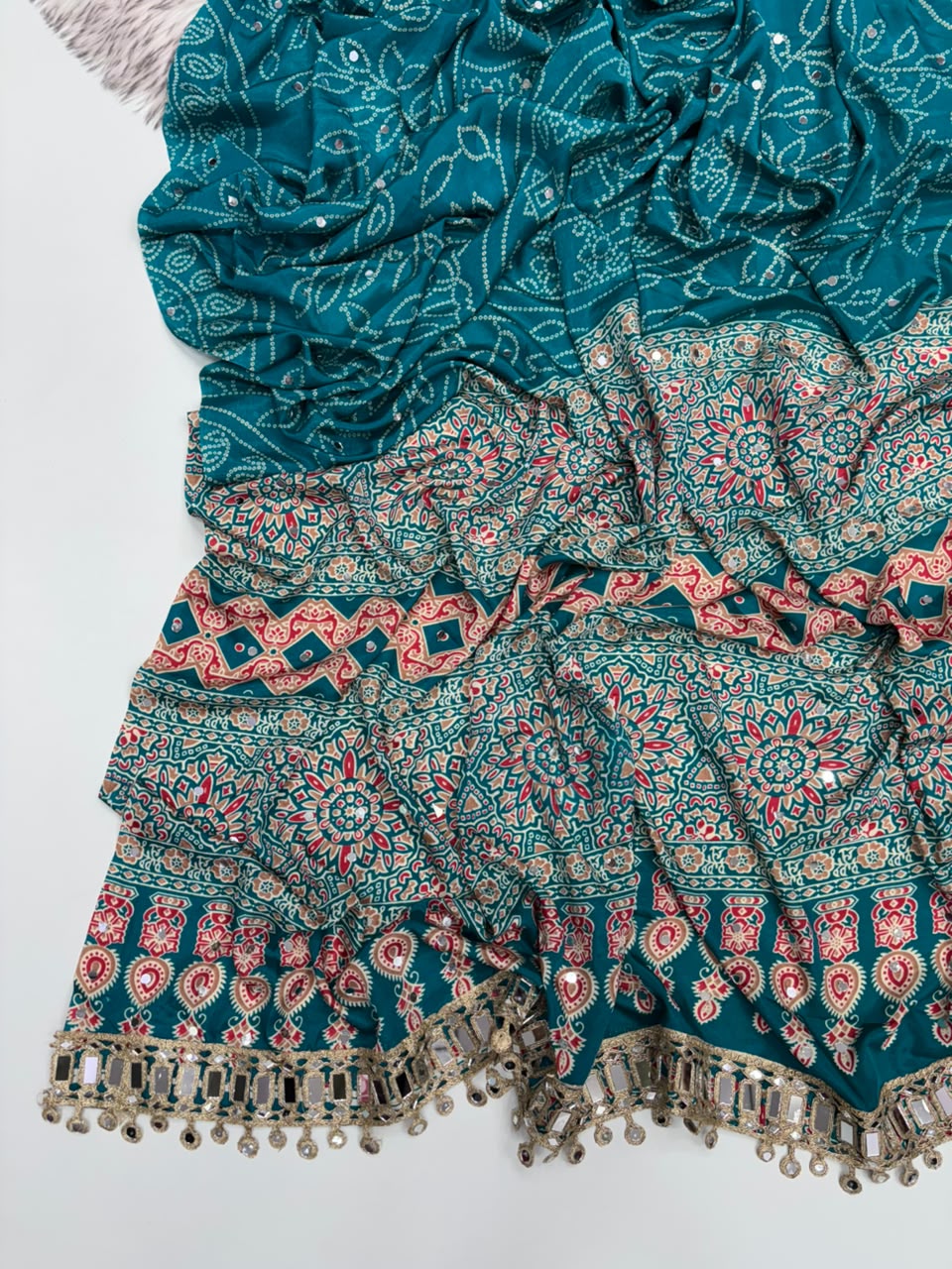 Gratifying Function Wear Pure Satin Silk Ajrak Printed Rich Pallu n Mirror Work Designer Saree With Blouse Piece