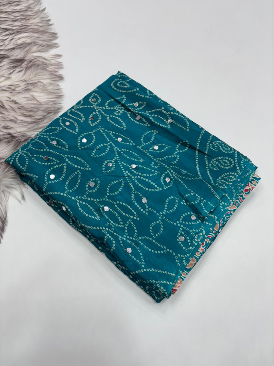 Gratifying Function Wear Pure Satin Silk Ajrak Printed Rich Pallu n Mirror Work Designer Saree With Blouse Piece