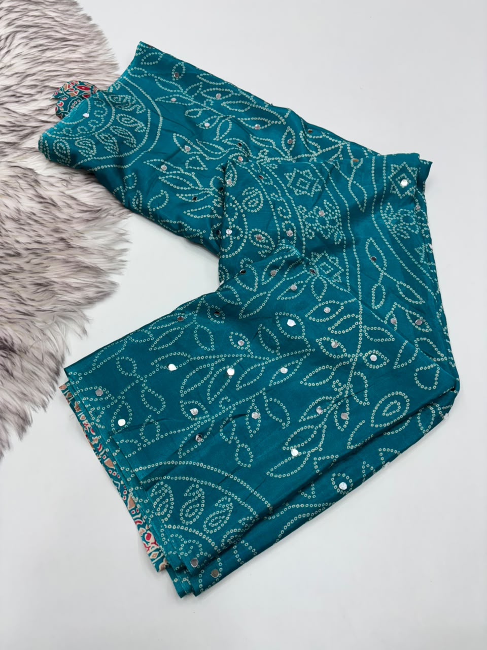 Gratifying Function Wear Pure Satin Silk Ajrak Printed Rich Pallu n Mirror Work Designer Saree With Blouse Piece