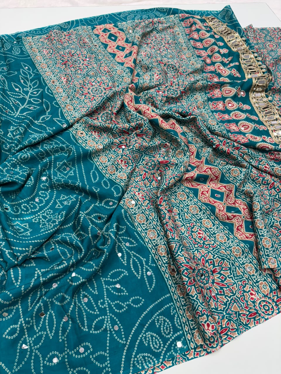 Gratifying Function Wear Pure Satin Silk Ajrak Printed Rich Pallu n Mirror Work Designer Saree With Blouse Piece
