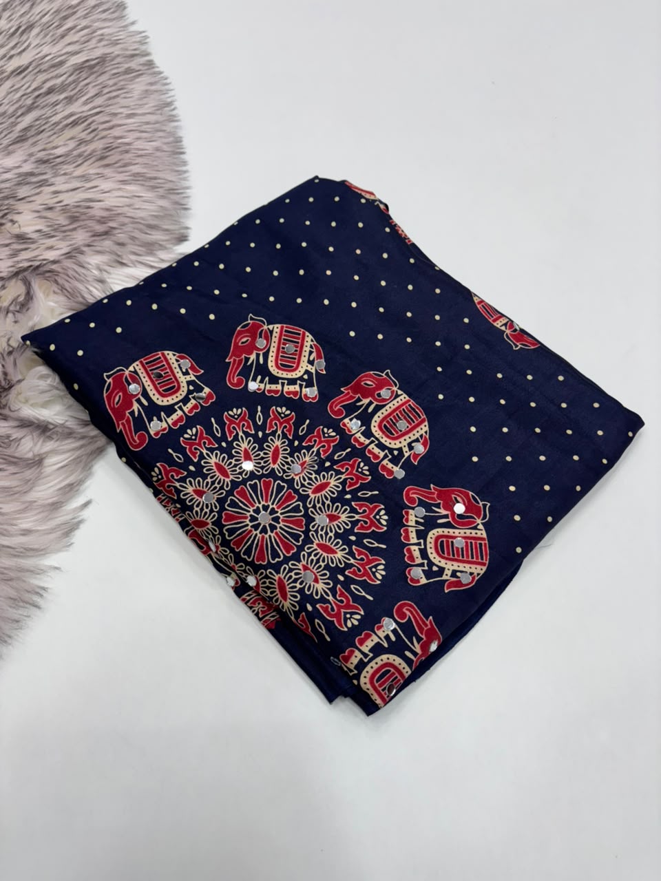 Glamorous Function Wear Satin Silk Ajrak Print Rich Pallu n Mirror Work Fancy Designer Saree With Blouse Piece