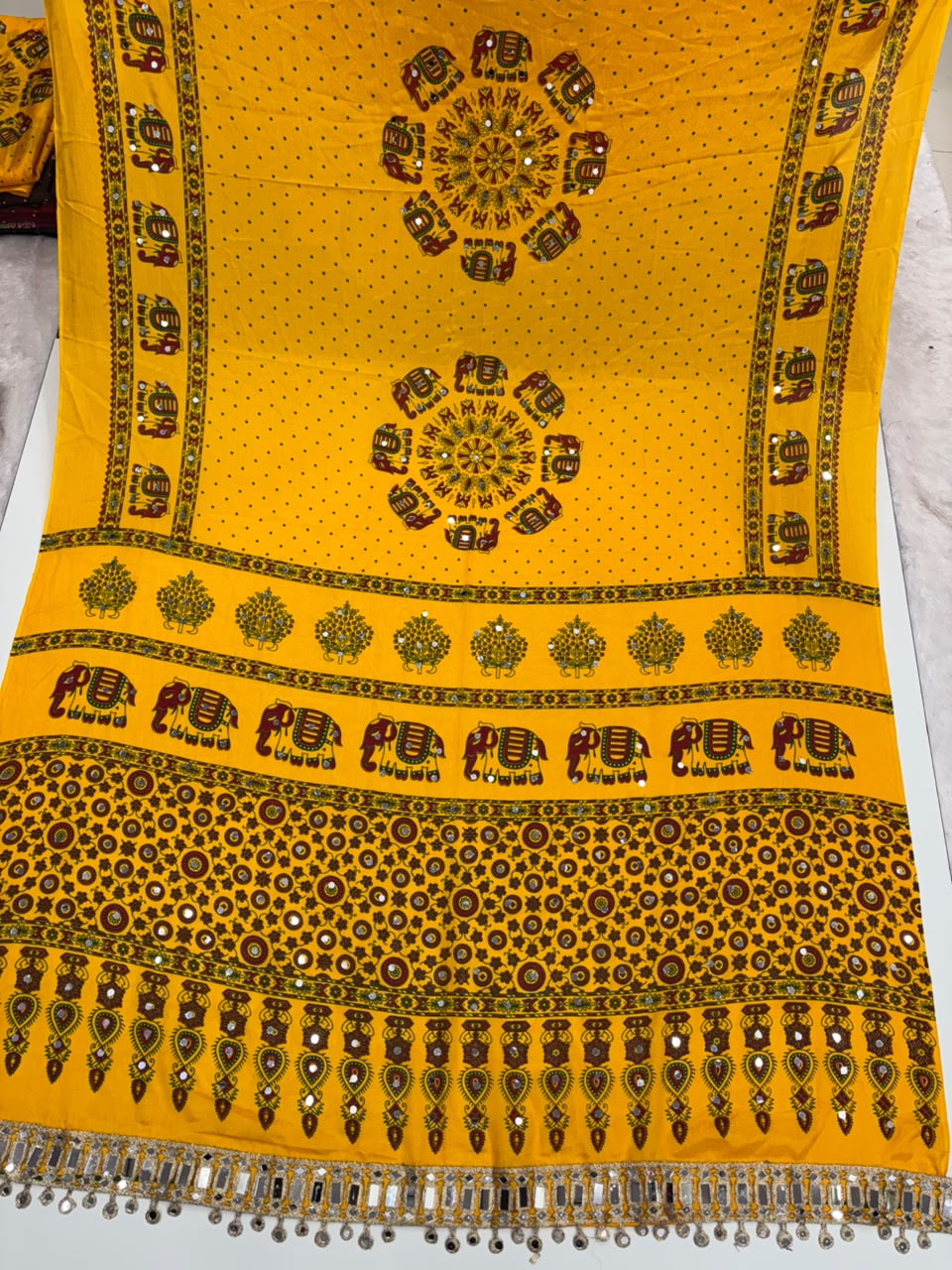 Glamorous Function Wear Satin Silk Ajrak Print Rich Pallu n Mirror Work Fancy Designer Saree With Blouse Piece