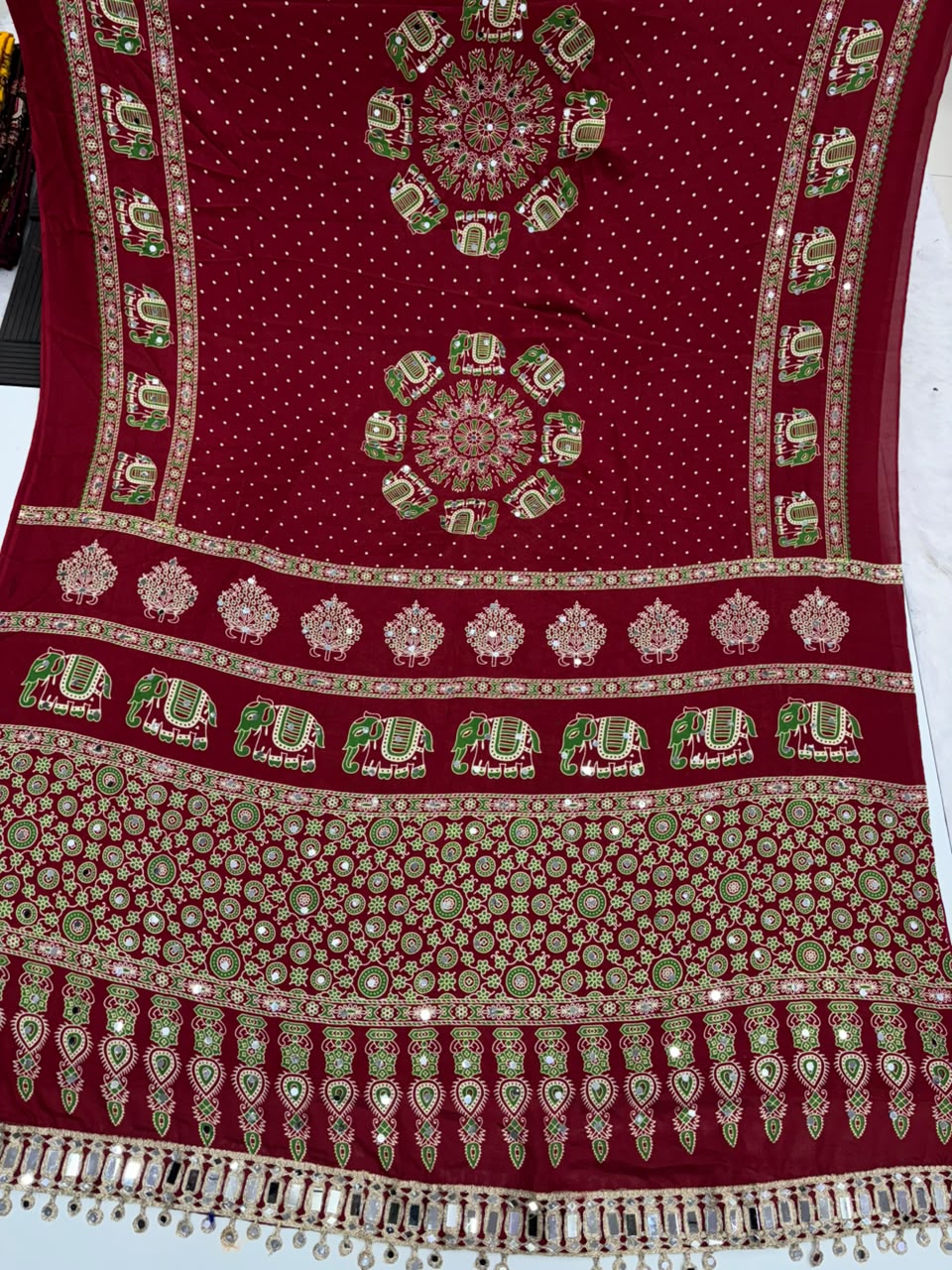 Glamorous Function Wear Satin Silk Ajrak Print Rich Pallu n Mirror Work Fancy Designer Saree With Blouse Piece