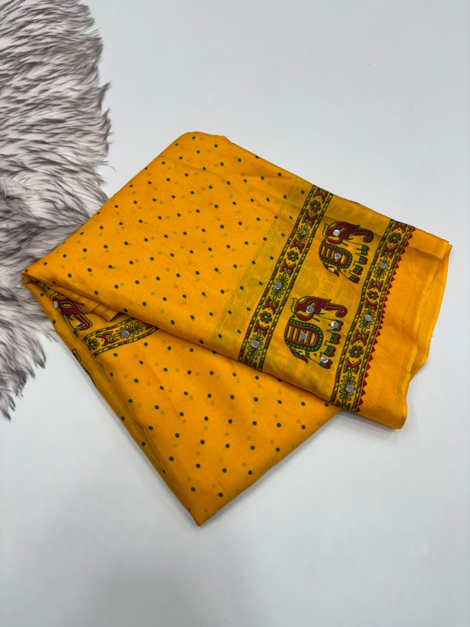 Glamorous Function Wear Satin Silk Ajrak Print Rich Pallu n Mirror Work Fancy Designer Saree With Blouse Piece