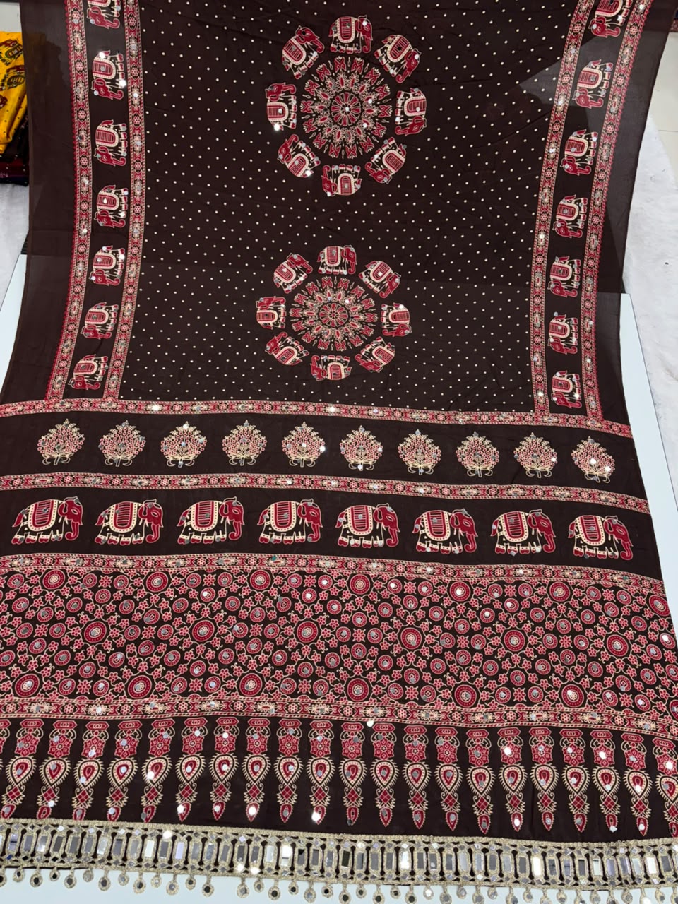 Glamorous Function Wear Satin Silk Ajrak Print Rich Pallu n Mirror Work Fancy Designer Saree With Blouse Piece