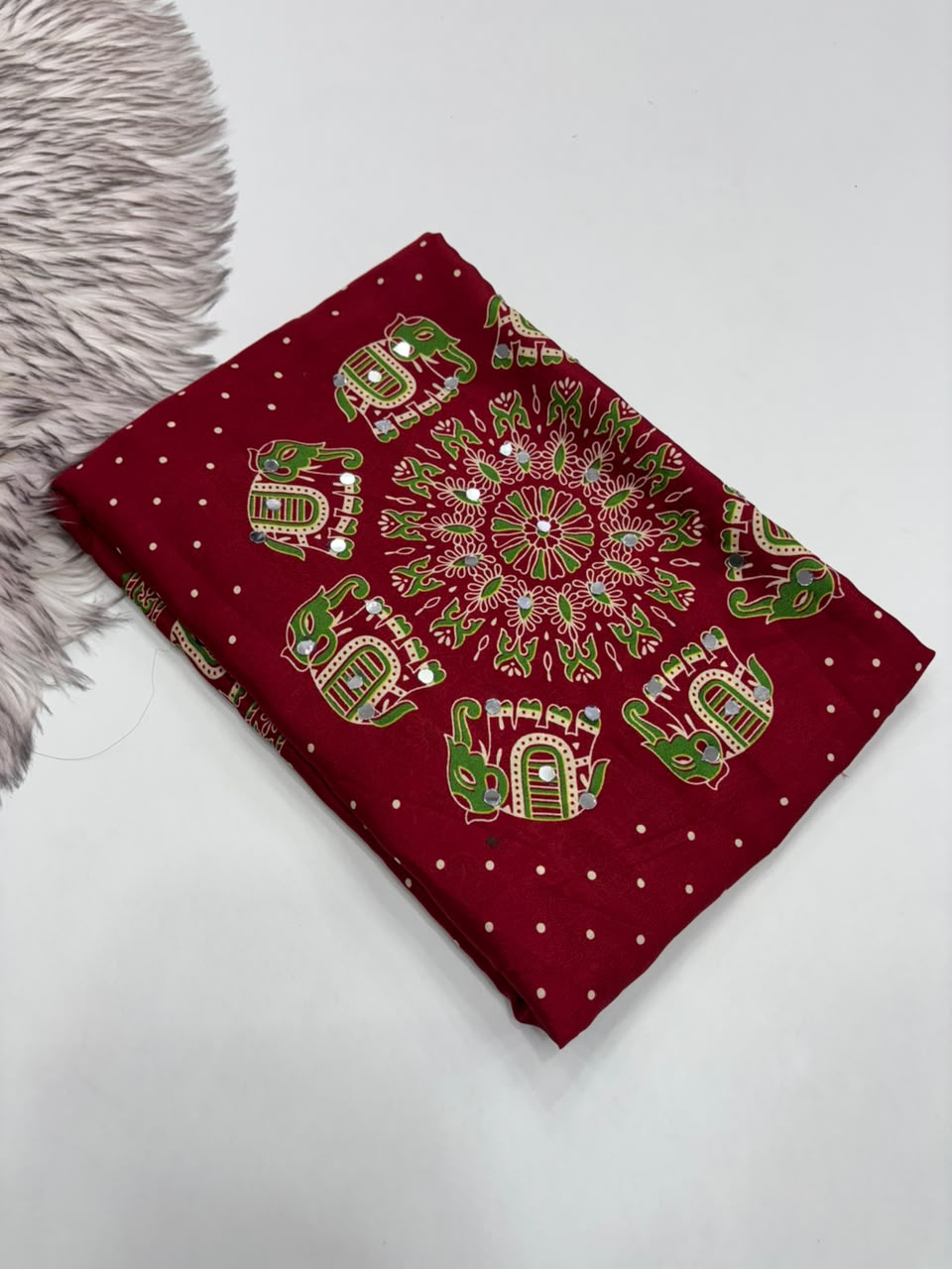 Glamorous Function Wear Satin Silk Ajrak Print Rich Pallu n Mirror Work Fancy Designer Saree With Blouse Piece