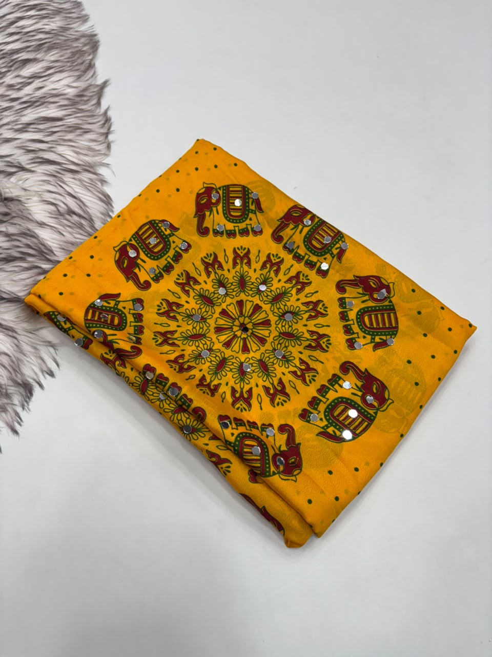 Glamorous Function Wear Satin Silk Ajrak Print Rich Pallu n Mirror Work Fancy Designer Saree With Blouse Piece
