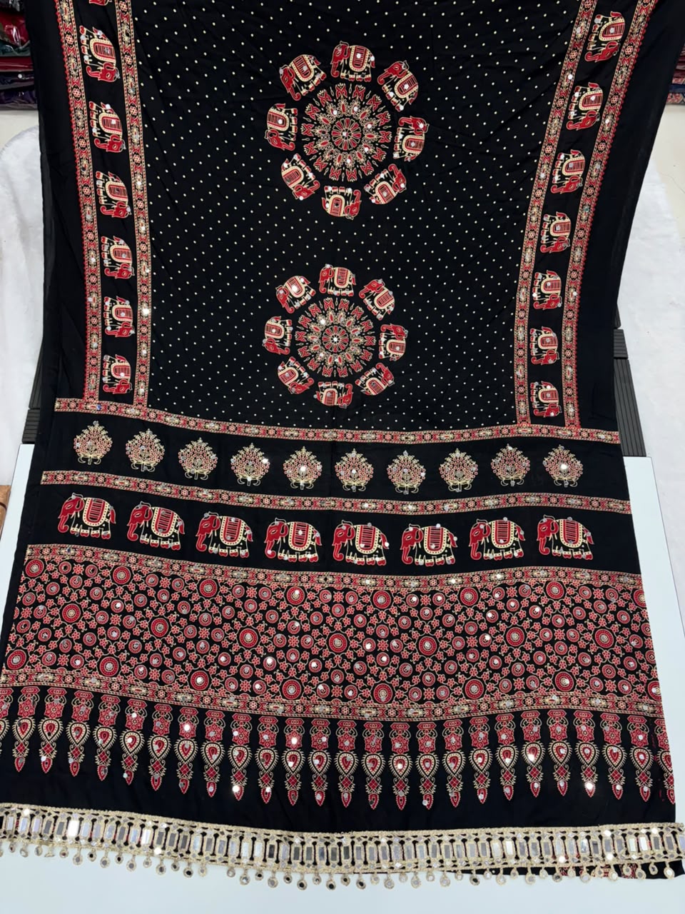 Glamorous Function Wear Satin Silk Ajrak Print Rich Pallu n Mirror Work Fancy Designer Saree With Blouse Piece