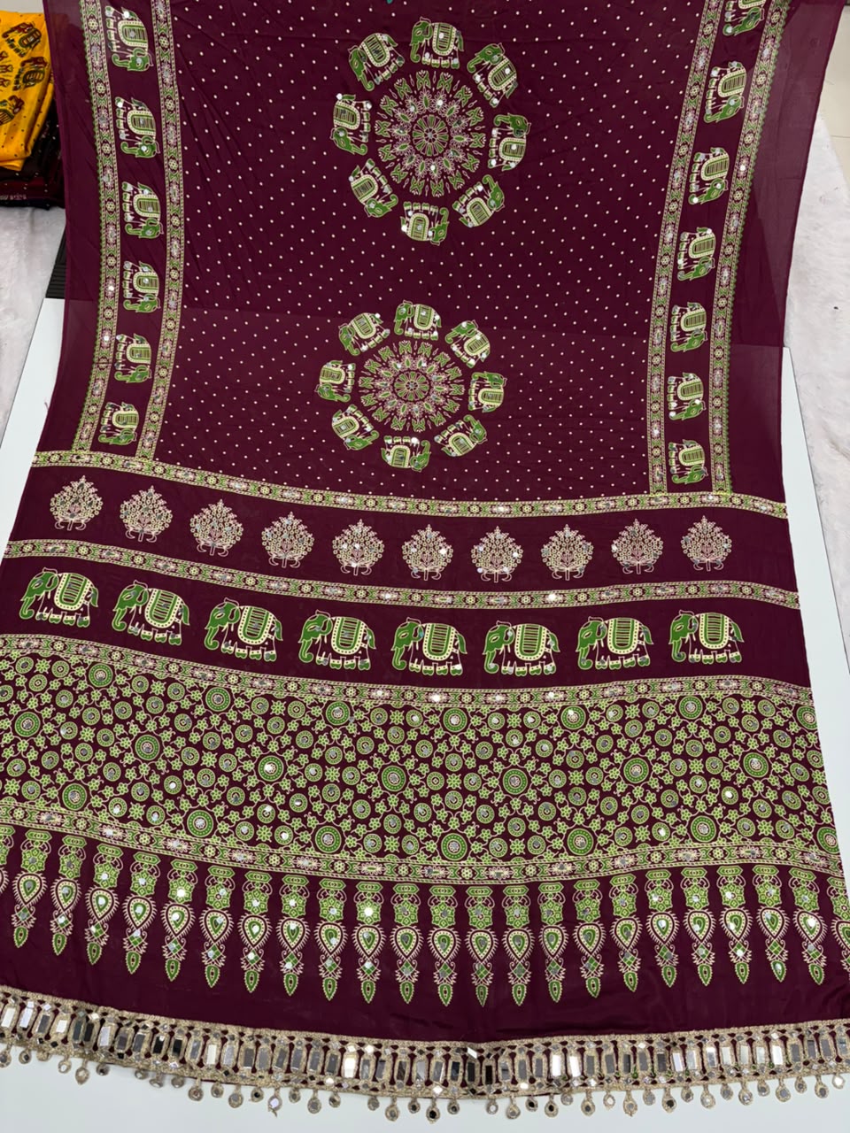 Glamorous Function Wear Satin Silk Ajrak Print Rich Pallu n Mirror Work Fancy Designer Saree With Blouse Piece