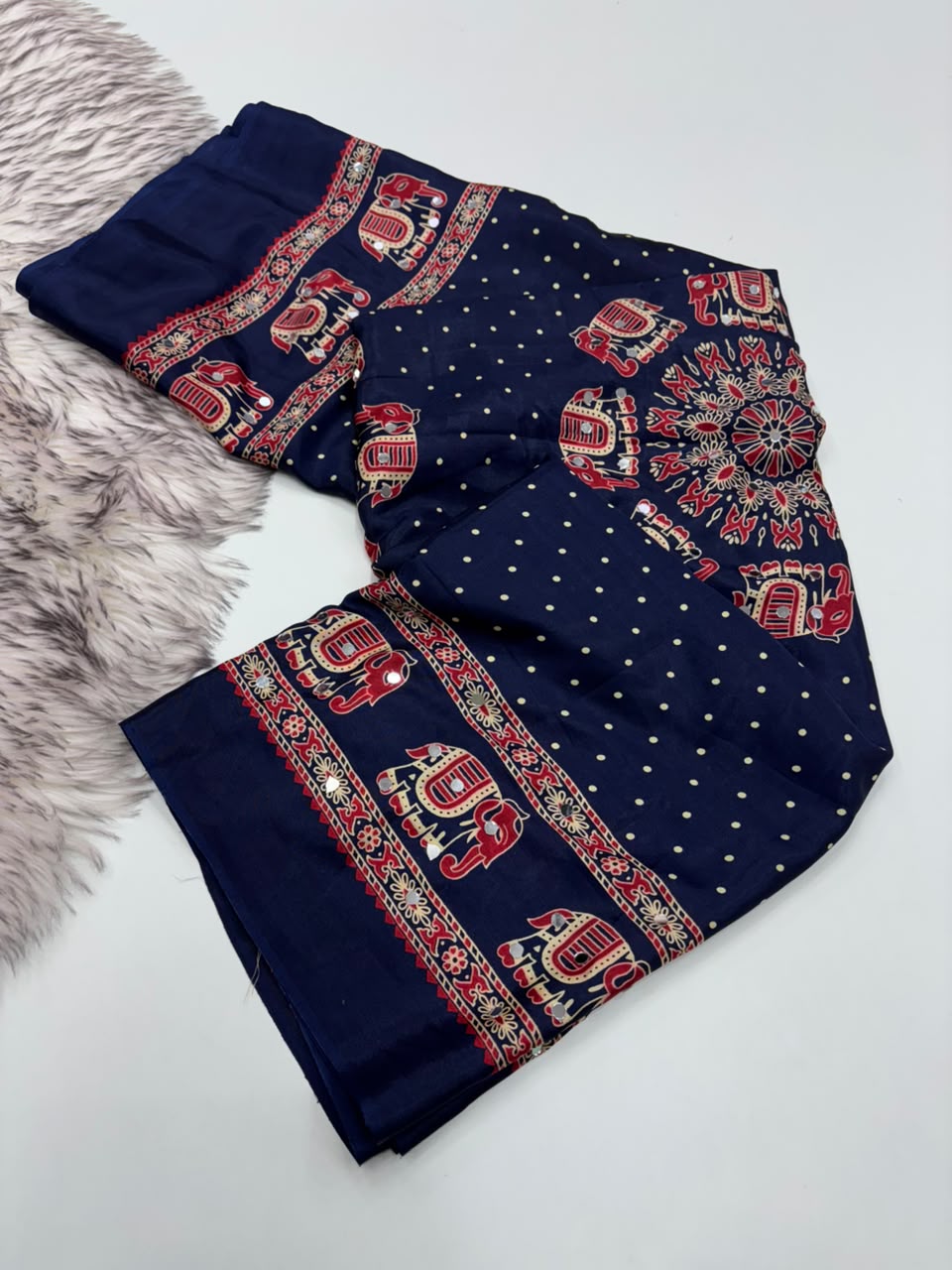 Glamorous Function Wear Satin Silk Ajrak Print Rich Pallu n Mirror Work Fancy Designer Saree With Blouse Piece