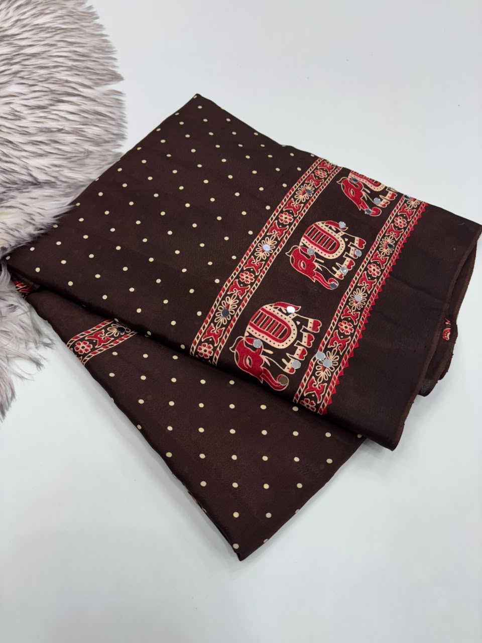 Glamorous Function Wear Satin Silk Ajrak Print Rich Pallu n Mirror Work Fancy Designer Saree With Blouse Piece