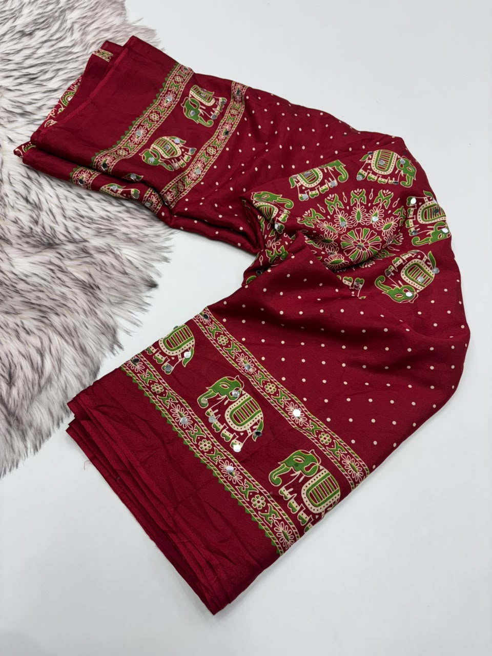 Glamorous Function Wear Satin Silk Ajrak Print Rich Pallu n Mirror Work Fancy Designer Saree With Blouse Piece