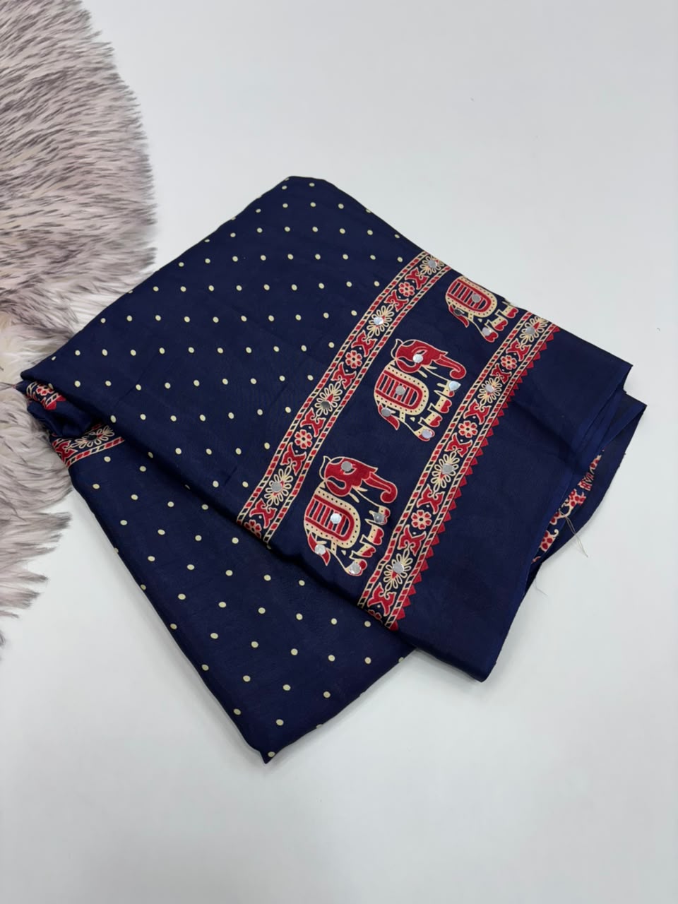 Glamorous Function Wear Satin Silk Ajrak Print Rich Pallu n Mirror Work Fancy Designer Saree With Blouse Piece