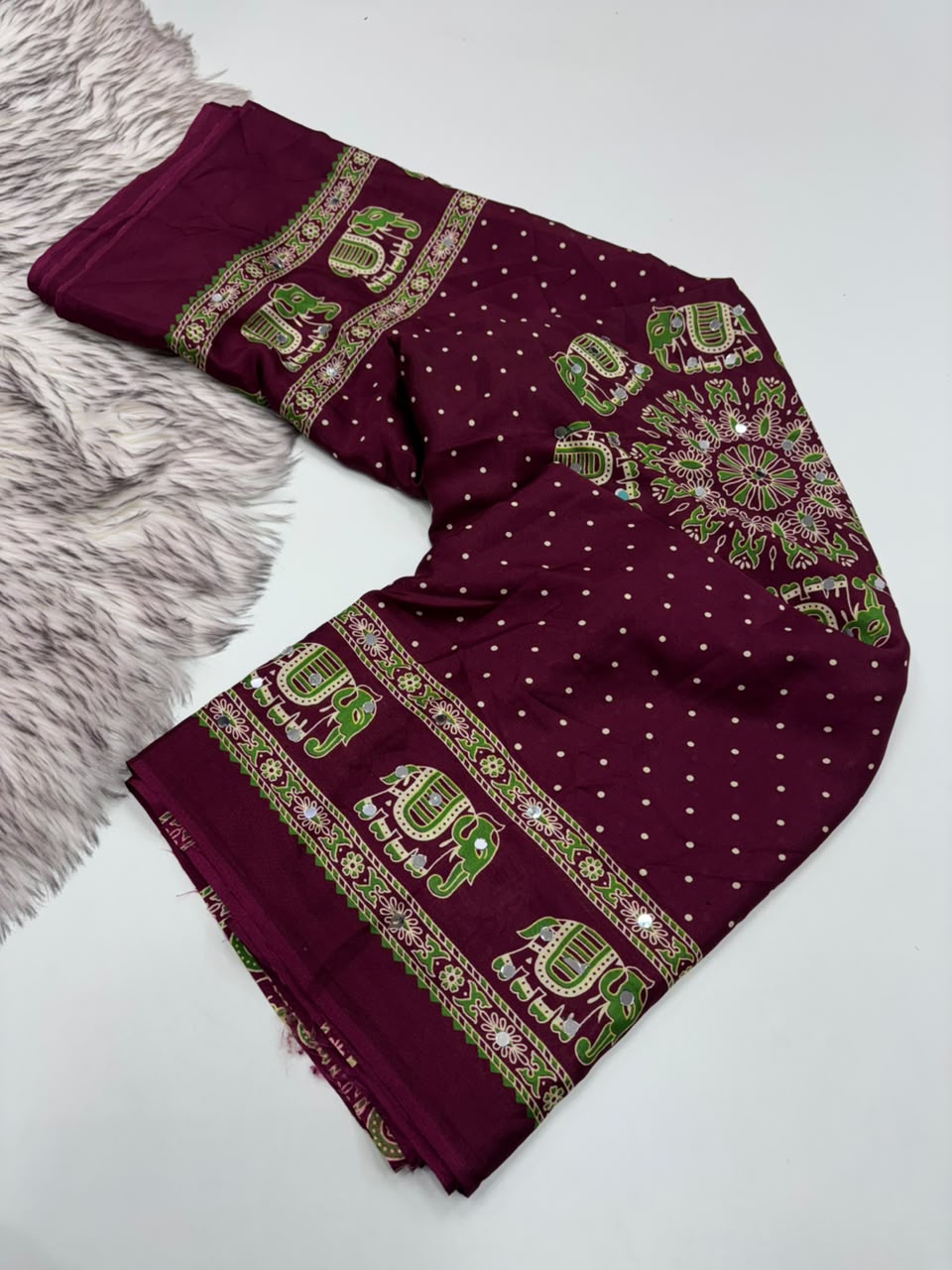 Glamorous Function Wear Satin Silk Ajrak Print Rich Pallu n Mirror Work Fancy Designer Saree With Blouse Piece